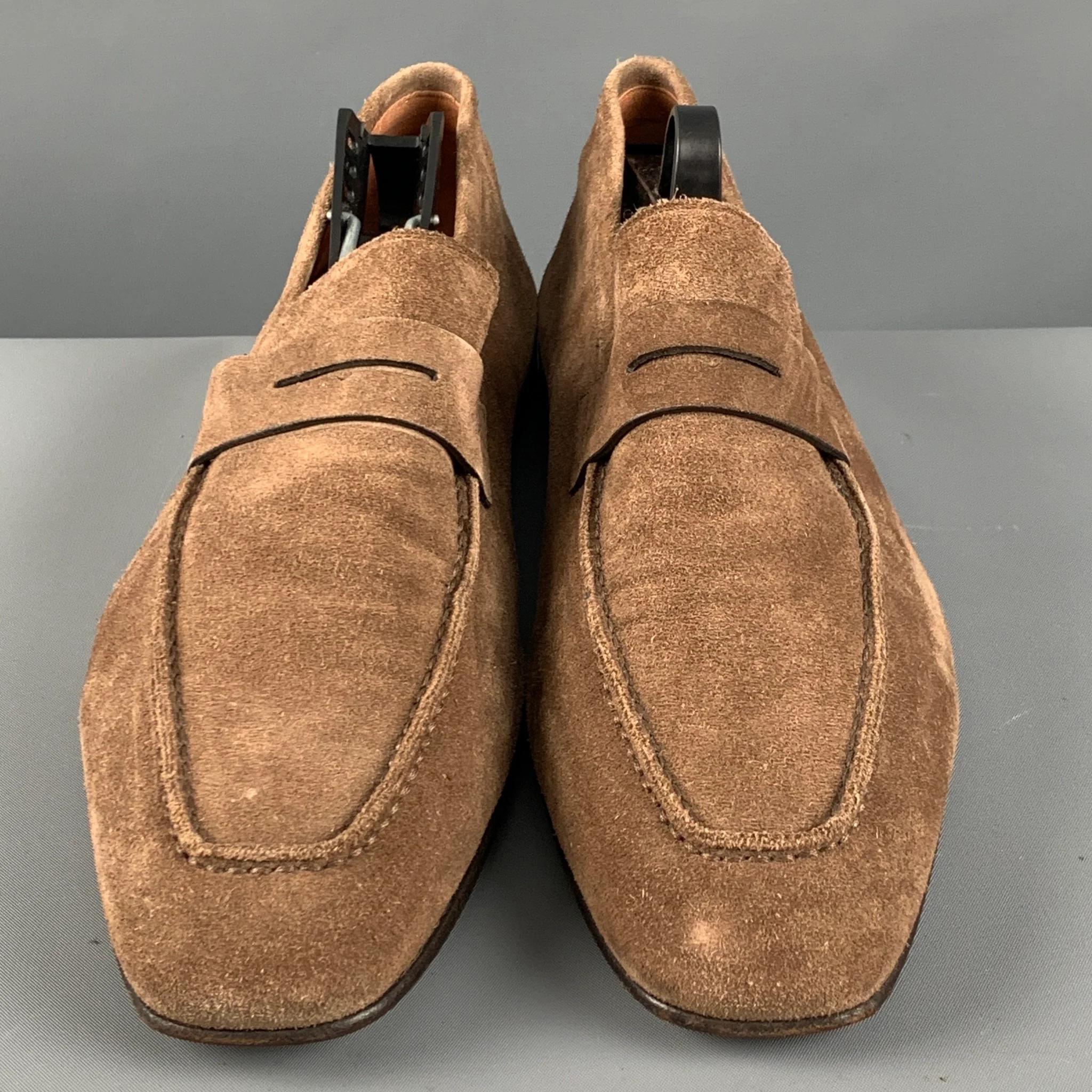 SANTONI Size 8.5 Brown Suede Penny Loafers - Image 4