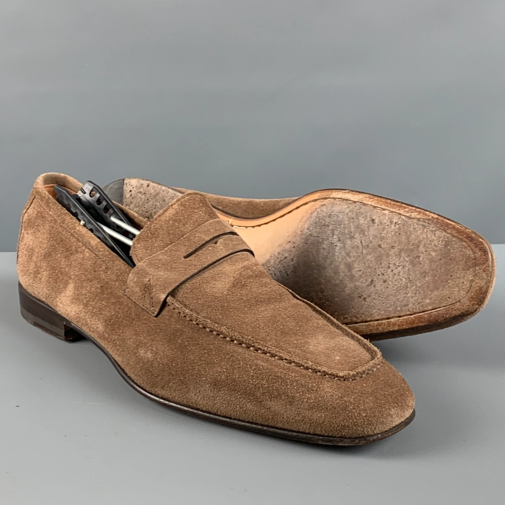SANTONI Size 8.5 Brown Suede Penny Loafers - Image 5