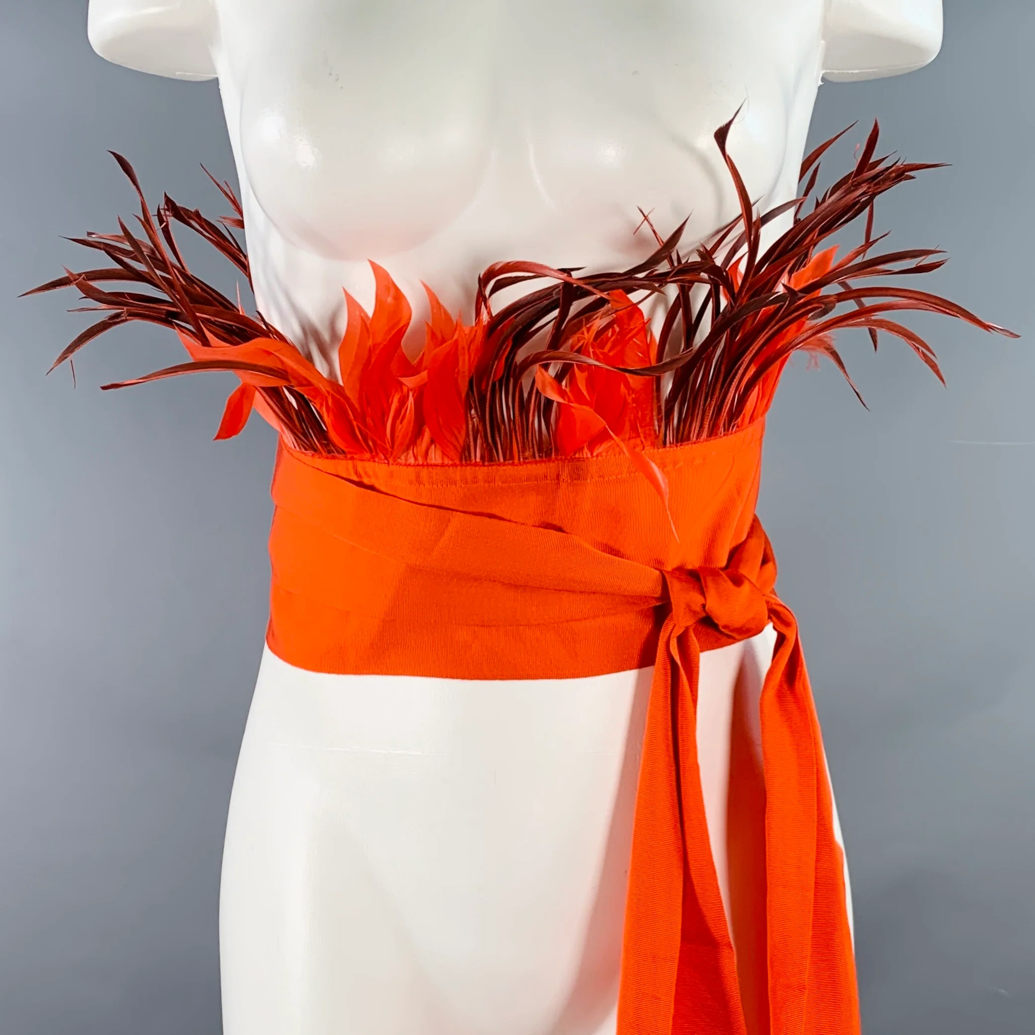 SARA ROKA Size M Red Orange Feather Cotton Blend Grosgrain Sash Belt