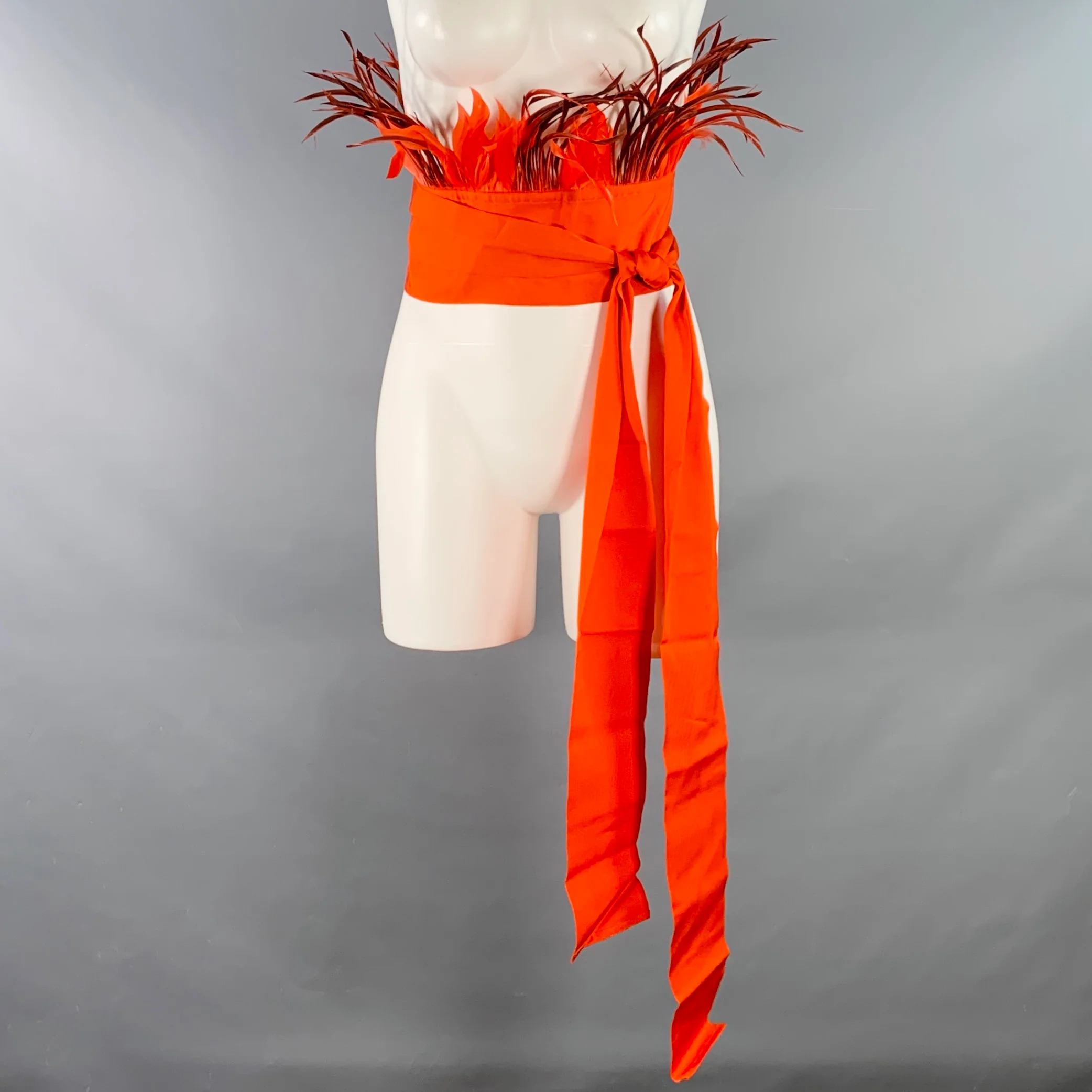SARA ROKA Size M Red Orange Feather Cotton Blend Grosgrain Sash Belt - Image 2