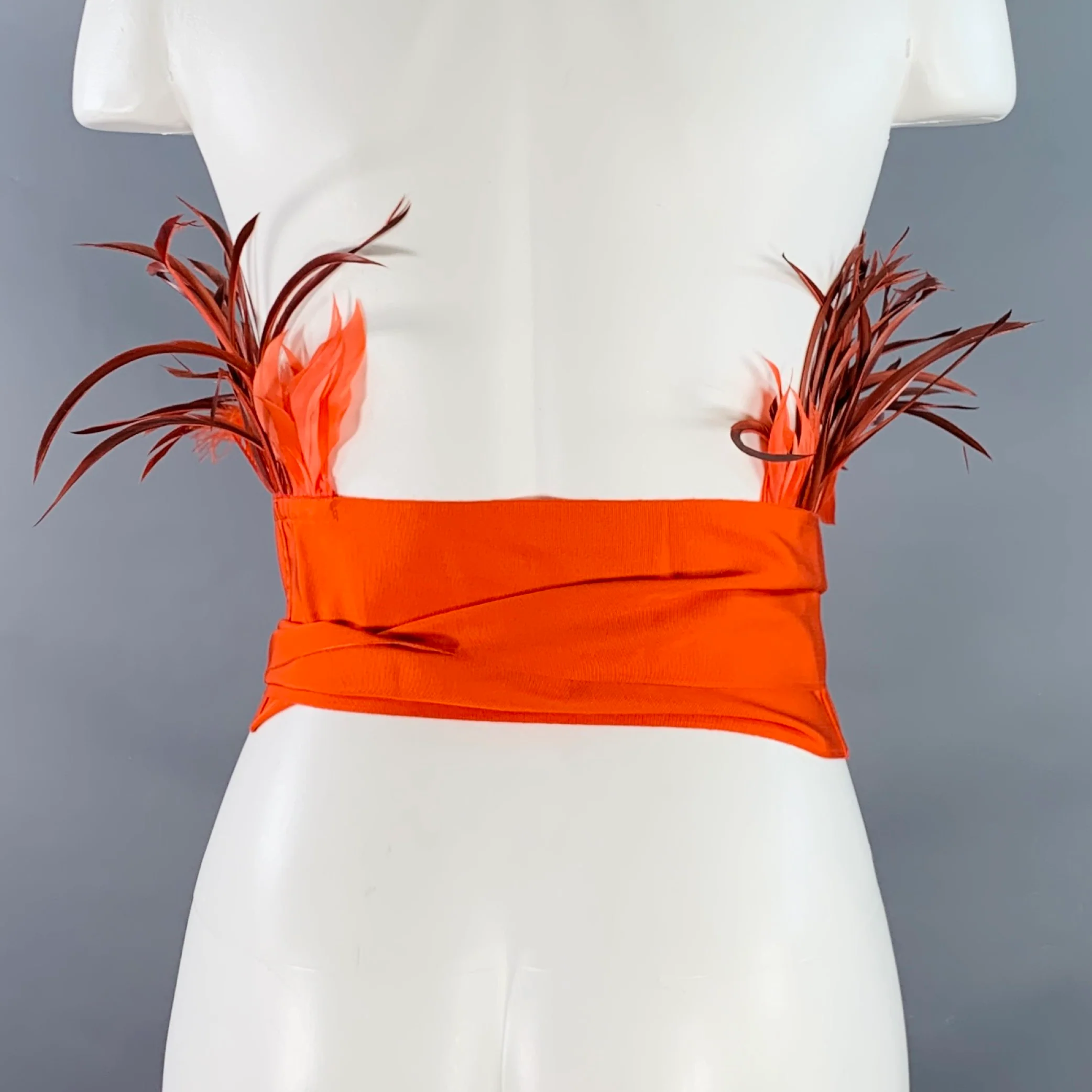 SARA ROKA Size M Red Orange Feather Cotton Blend Grosgrain Sash Belt - Image 4