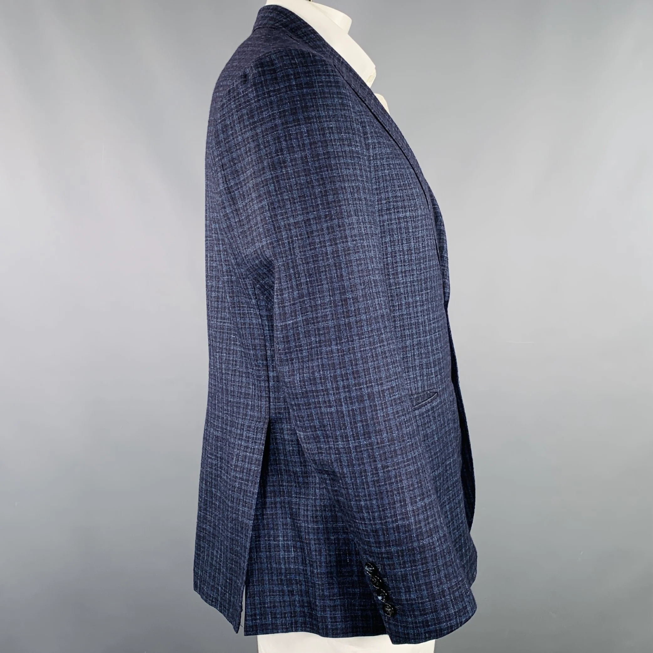 SARTORIO Size 44 Blue Black Plaid Wool Silk Linen Sport Coat - Image 3