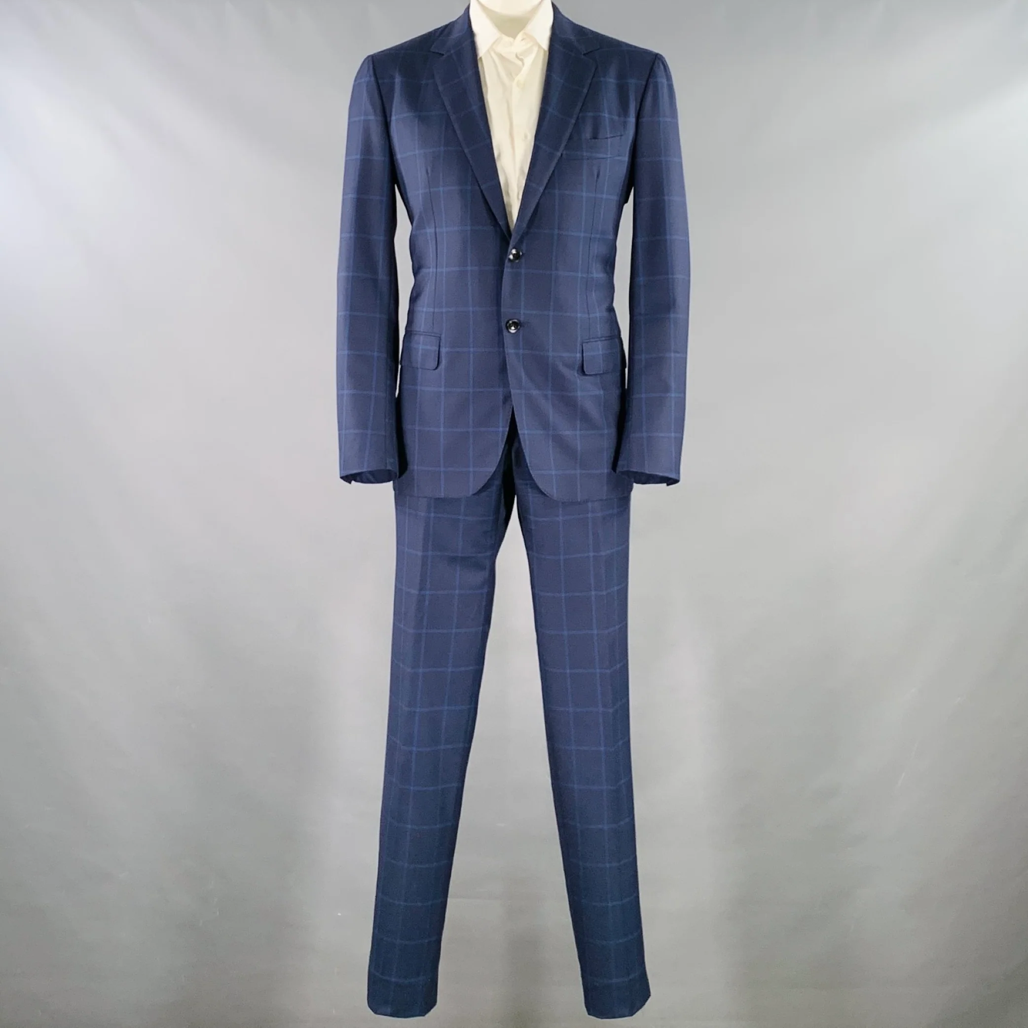 SARTORIO Size 44 Blue Window Pane Wool Single Breasted Suit - Image 2