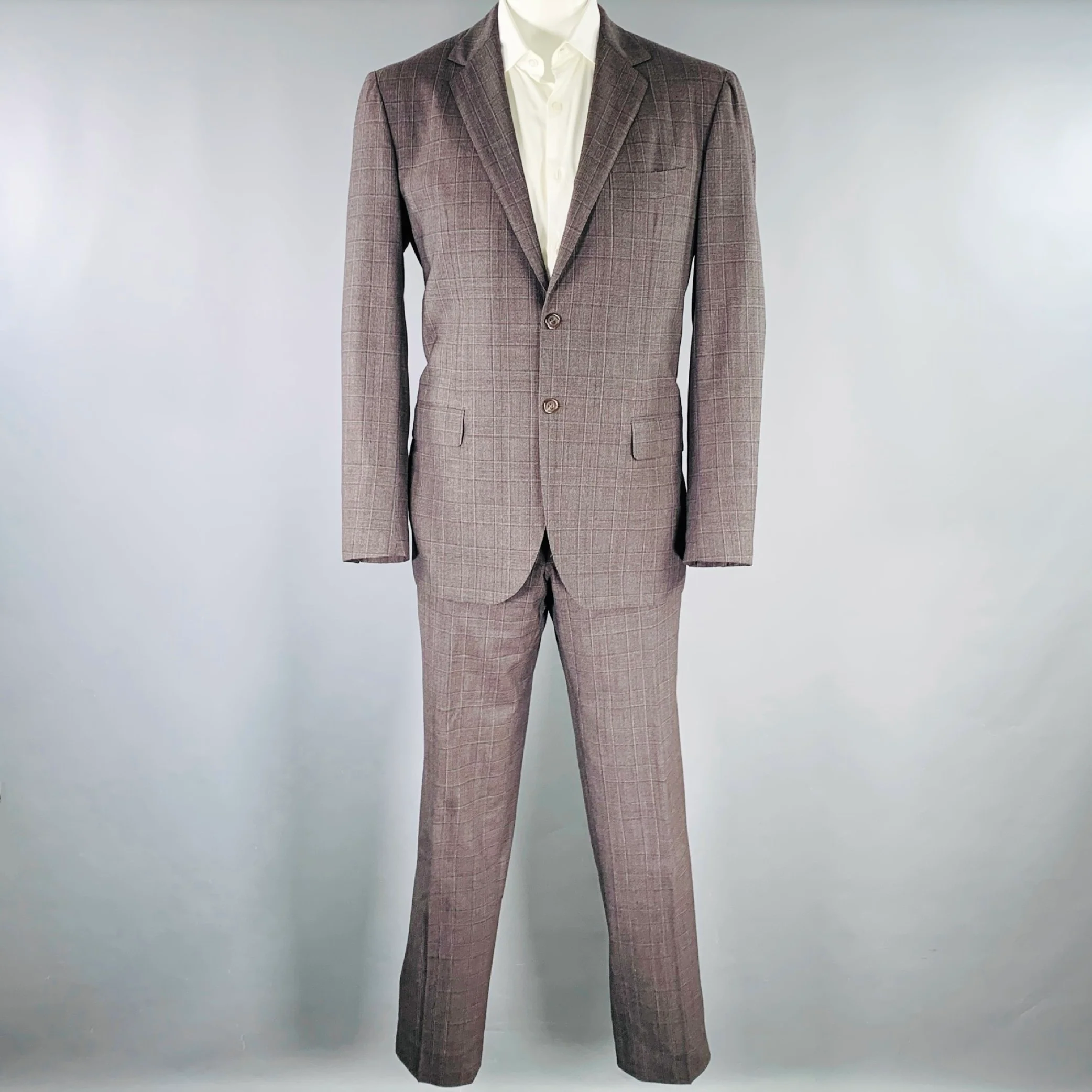 SARTORIO Size 44 Brown Grey Plaid Wool Notch Lapel Suit - Image 2