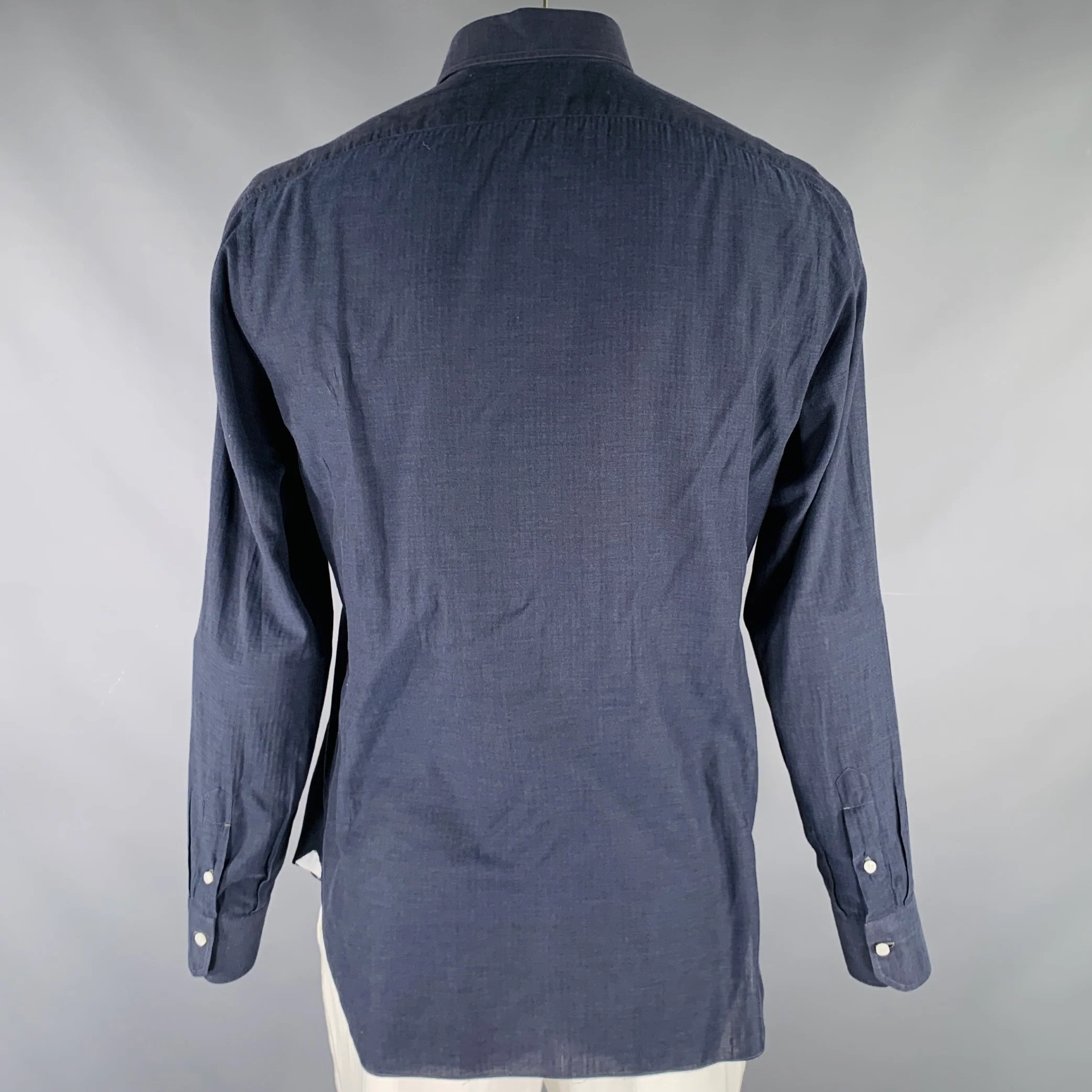SARTORIO Size L Navy Cotton Button Up Long Sleeve Shirt - Image 3