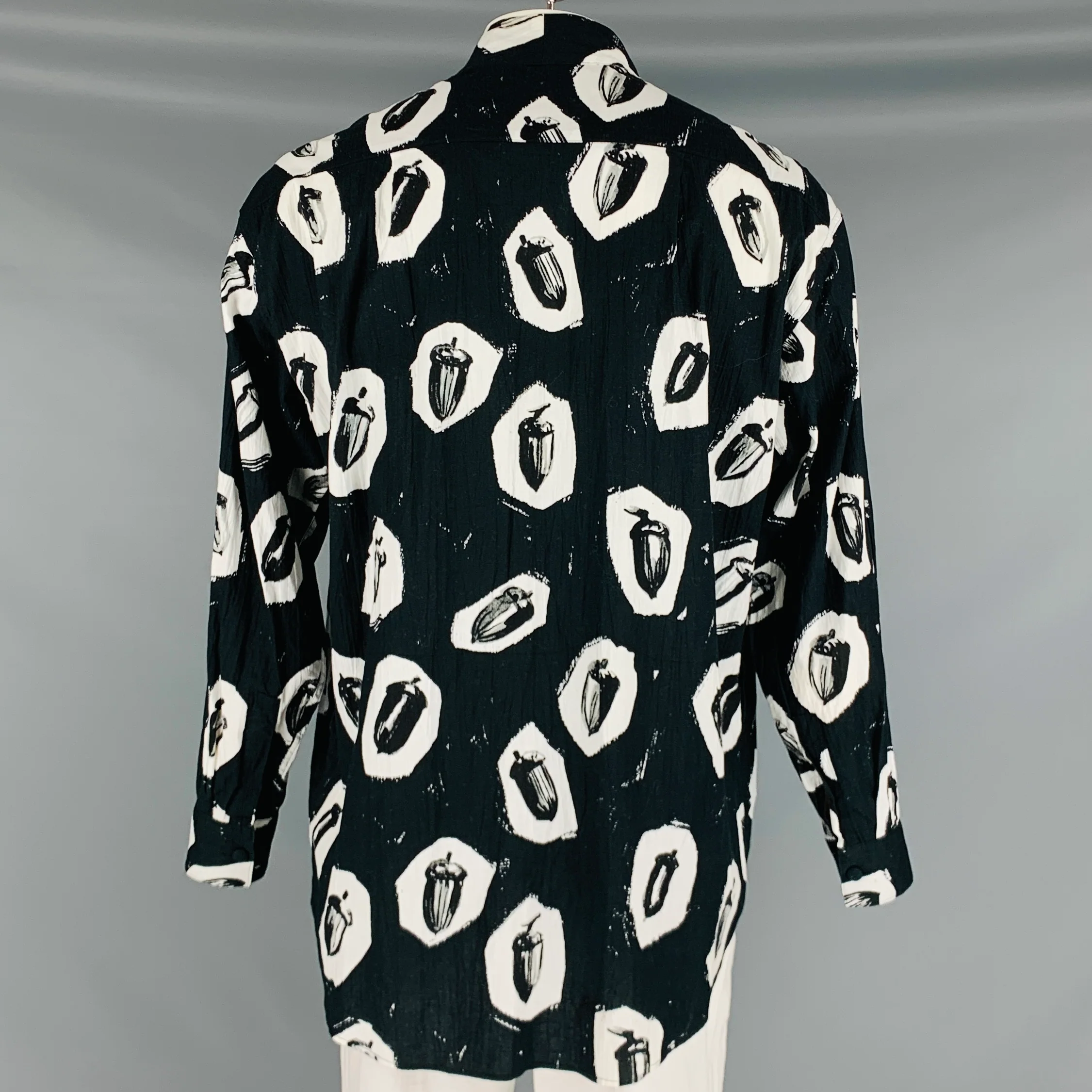 SASQUATCHfabrix Size L Black White Print Cotton Collarless Long Sleeve Shirt - Image 4