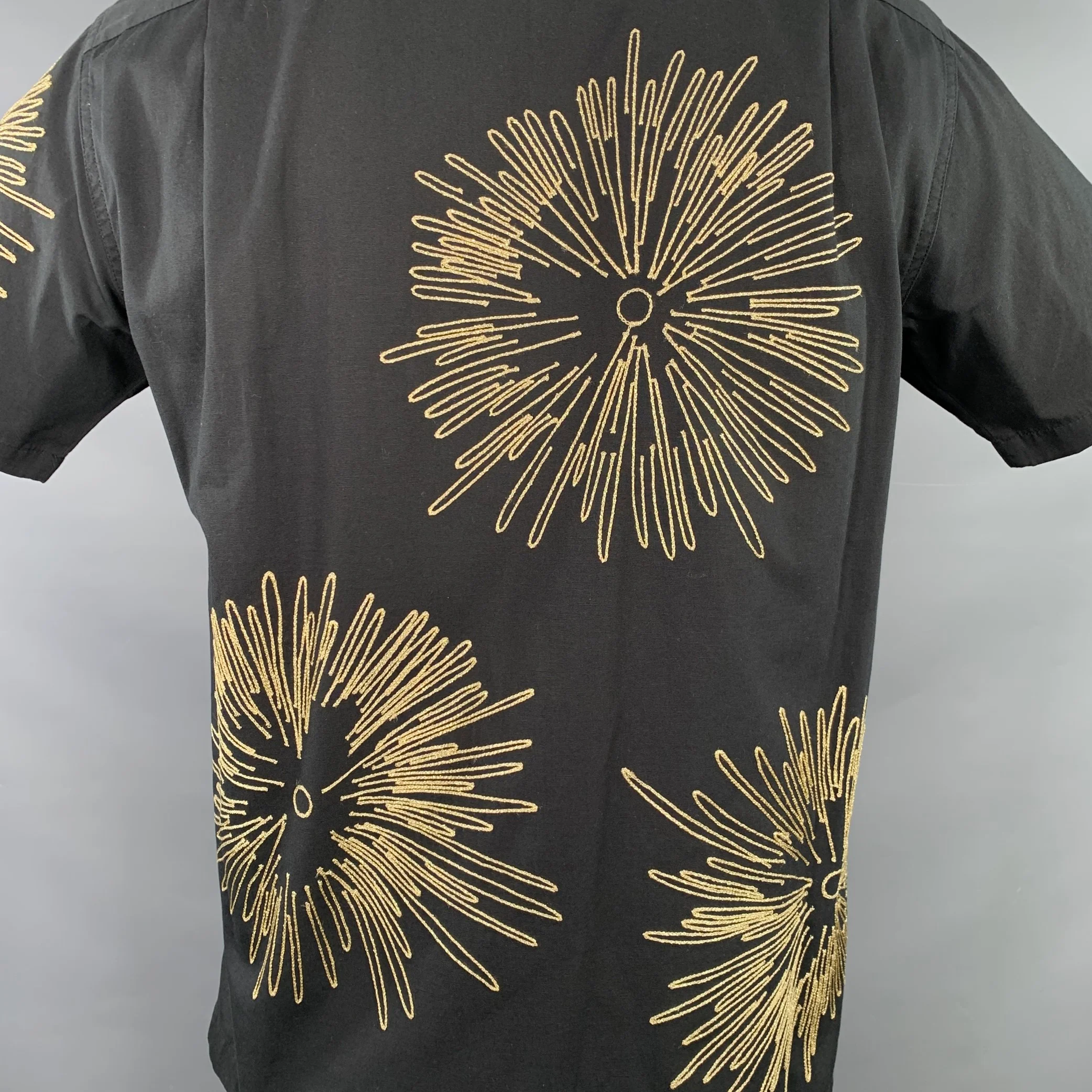 SASQUATCHfabrix Size XL Black Gold Embroidery Cotton Linen Short Sleeve Shirt - Image 6