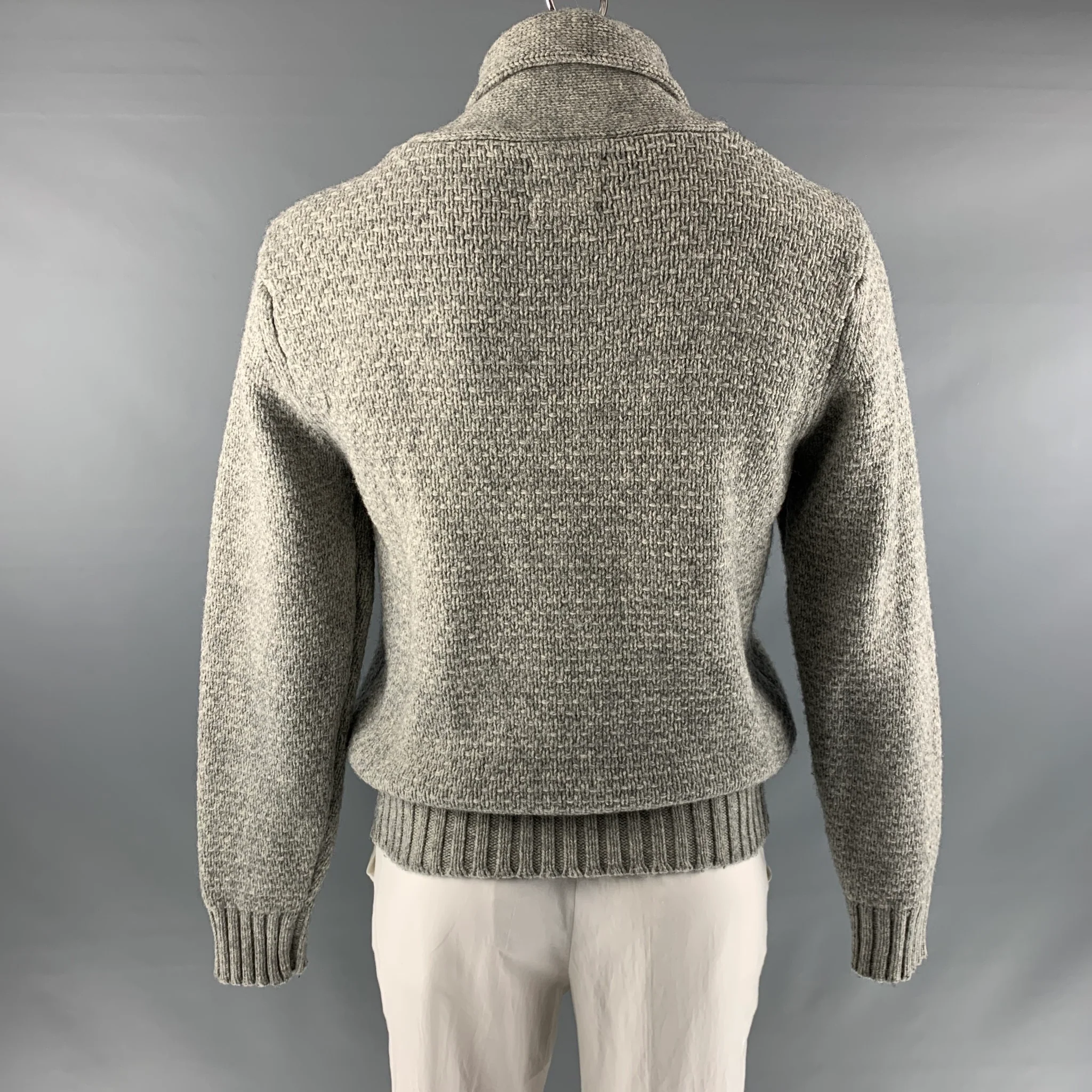 SATURDAYS NYC Size L Grey Knit Wool Shawl Collar Sweater - Image 3