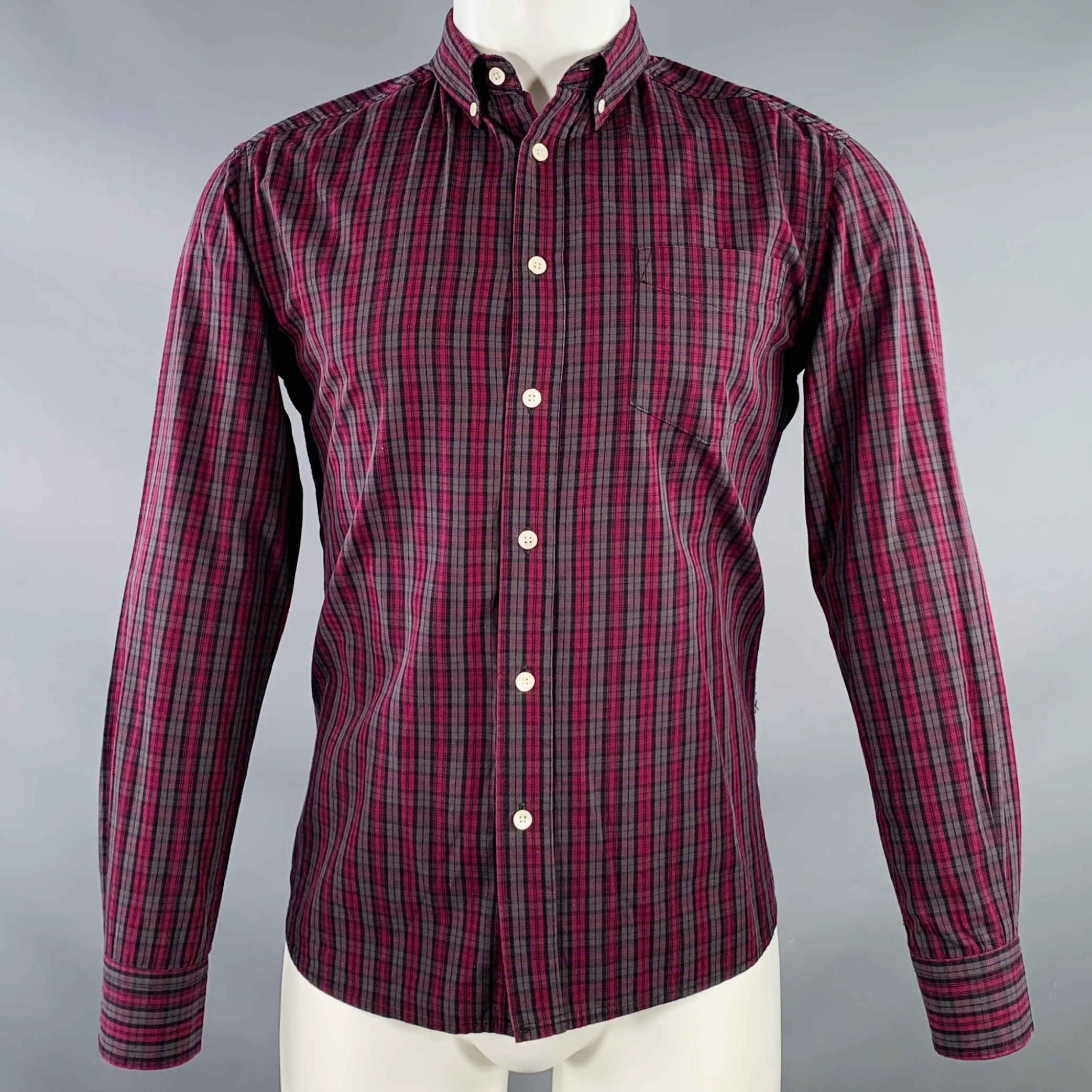 SATURDAYS NYC Size M Pink Charcoal Plaid Cotton Button Down Collar One Pocket Long Sleeve Shirt