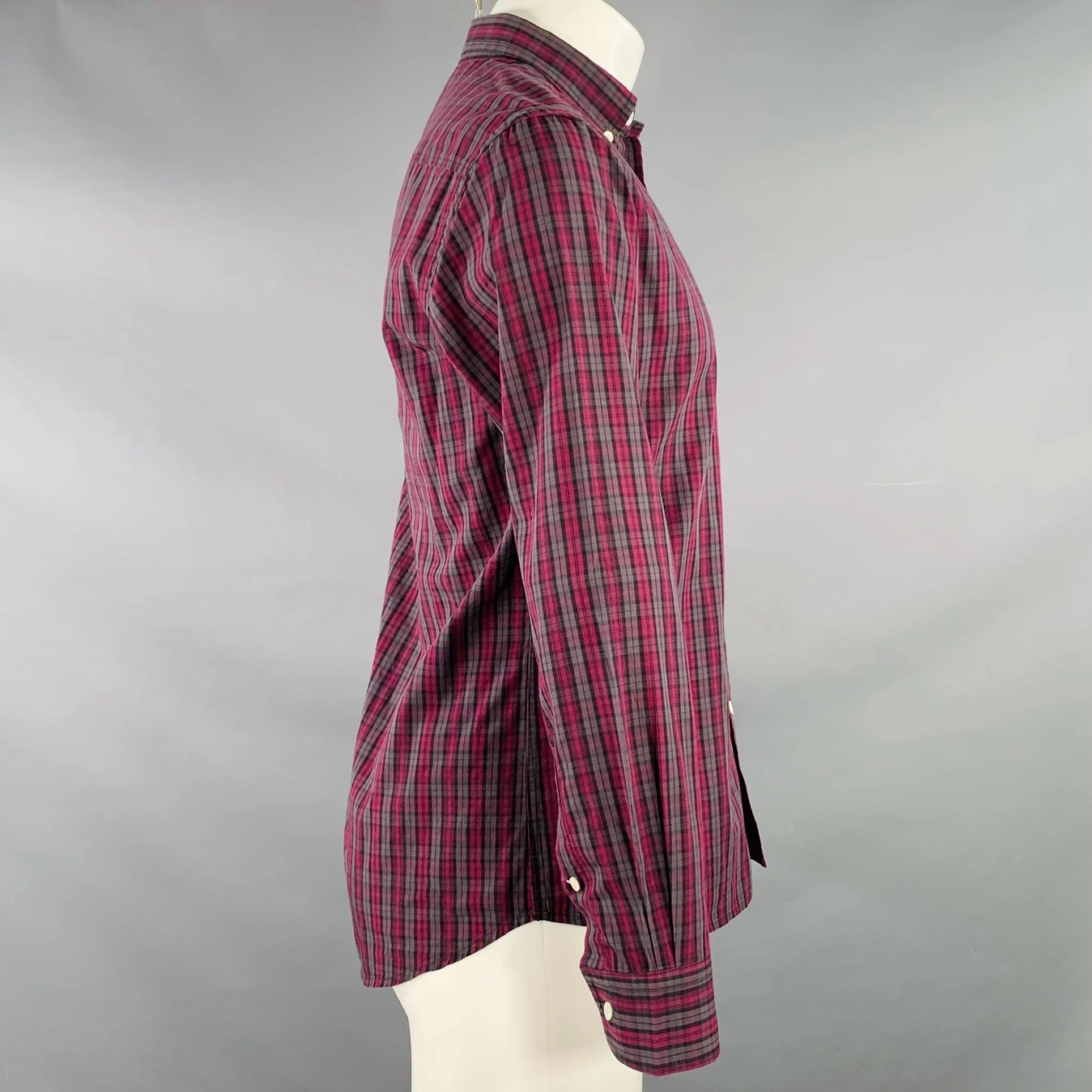 SATURDAYS NYC Size M Pink Charcoal Plaid Cotton Button Down Collar One Pocket Long Sleeve Shirt - Image 2