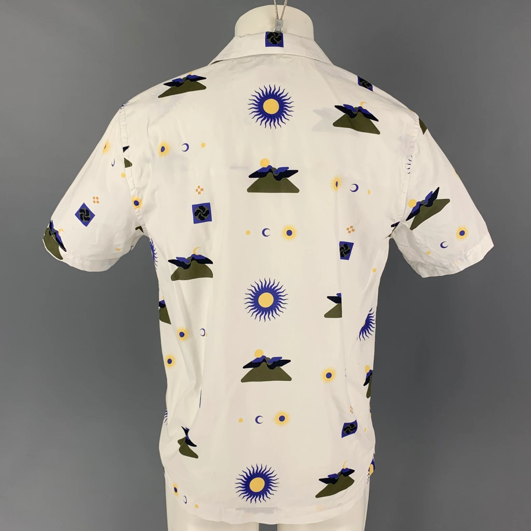 SATURDAYS NYC Size M White Olive Print Nylon Camp Short Sleeve Shirt - Image 3