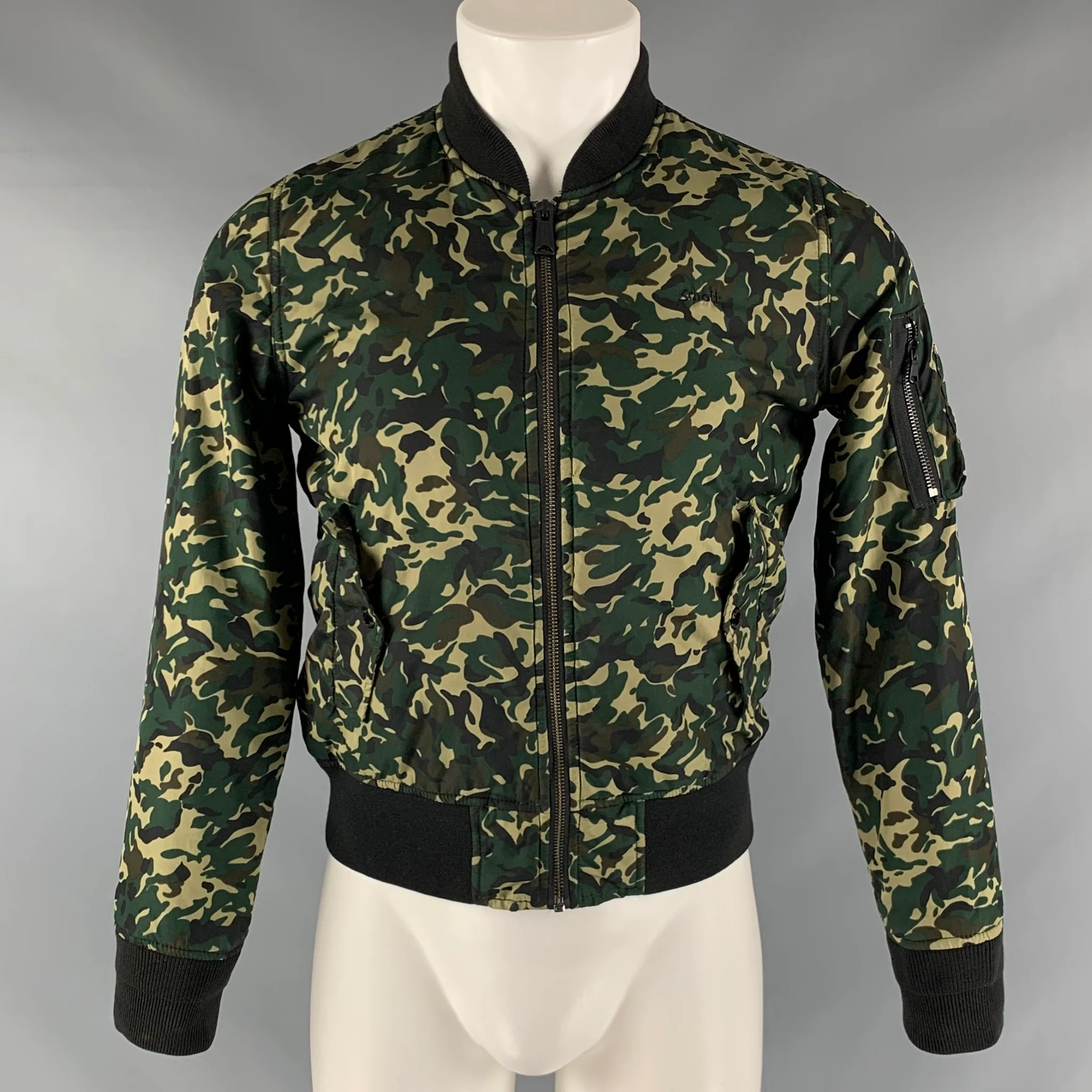SCHOTT Size M Green Camo Polyester Bomber Jacket