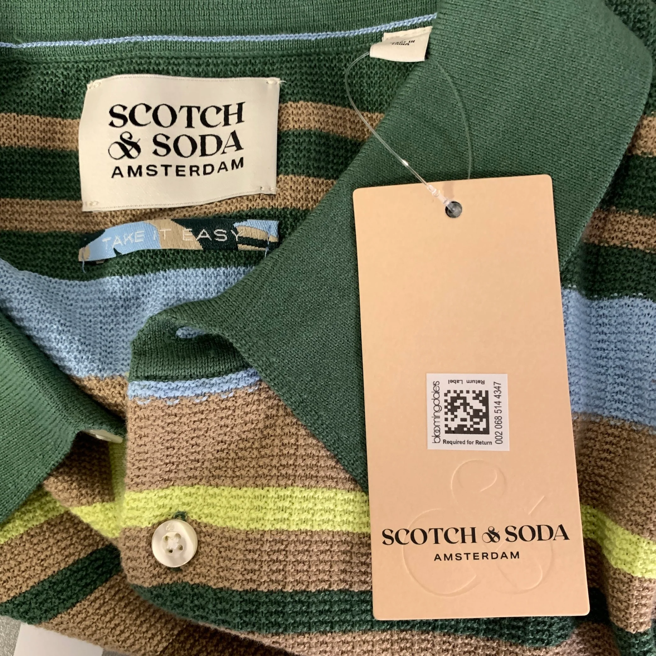 SCOTCH AND SODA Size L Green Brown Blue Stripe Cotton Knit Short Sleeve Shirt - Image 5