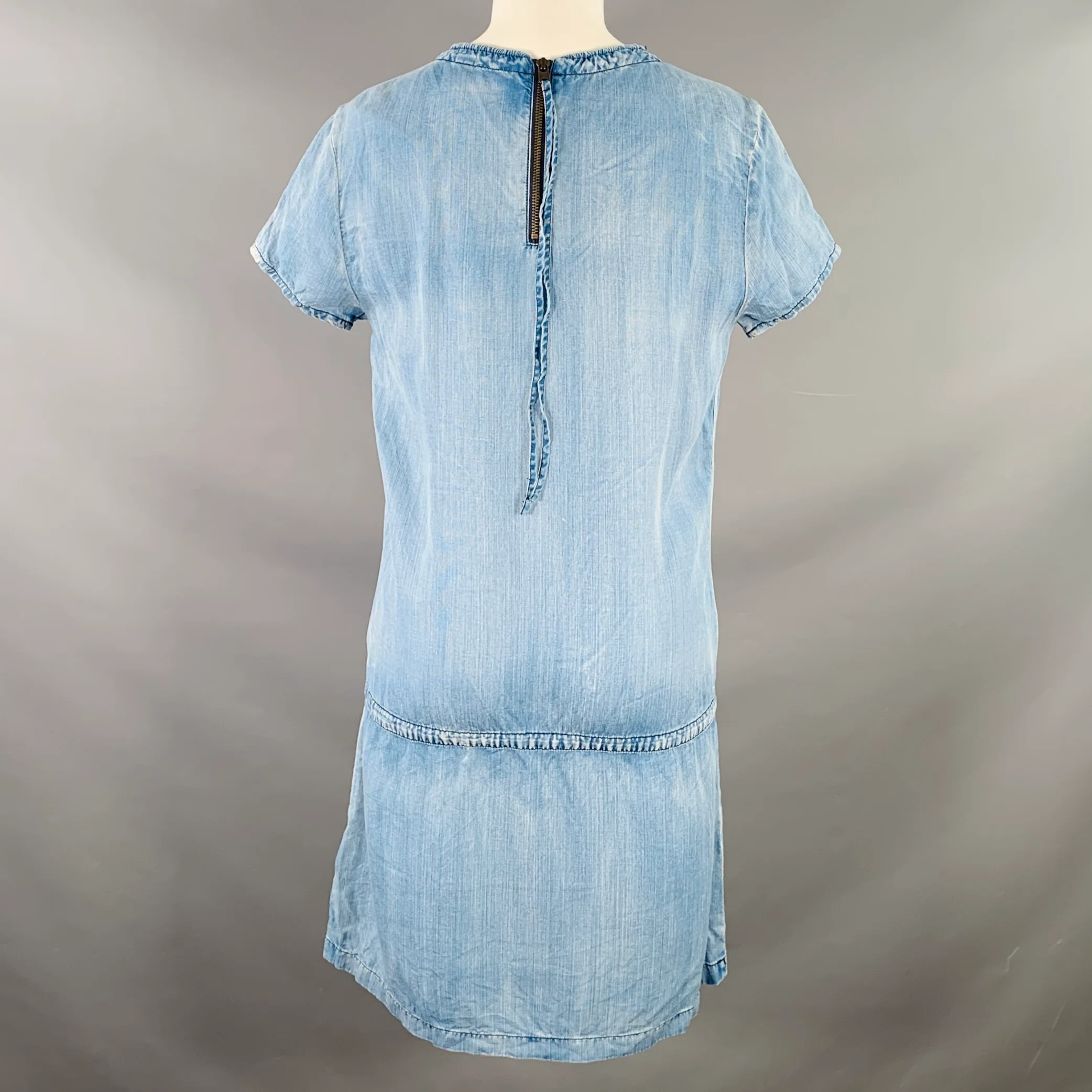 SCOTCH AND SODA Size S Blue Chambray Distressed Short Sleeve One Pocket Drop Waist Dress - Image 3