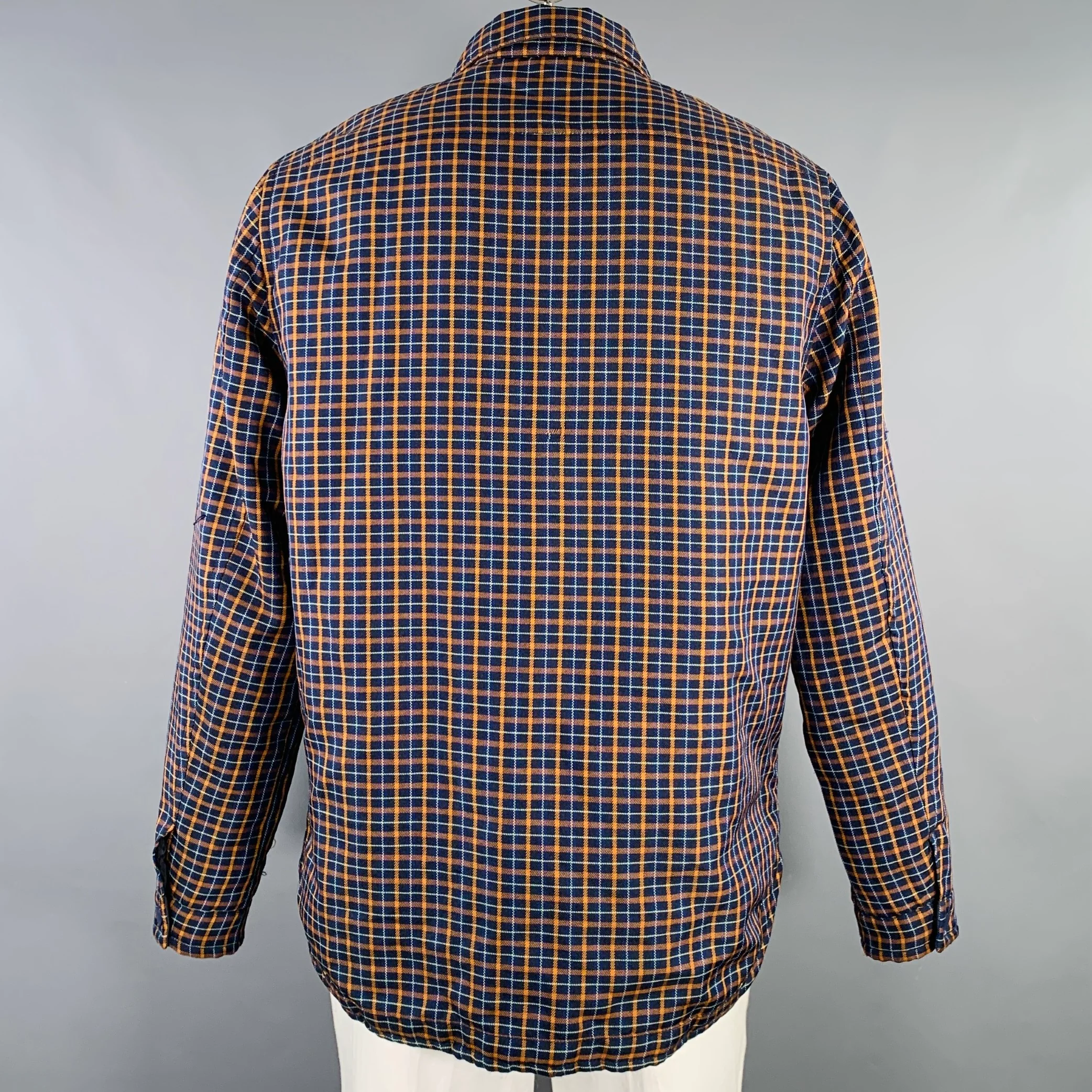 SCOTCH AND SODA Size XXL Orange Navy Plaid Polyester Snaps Coat - Image 4