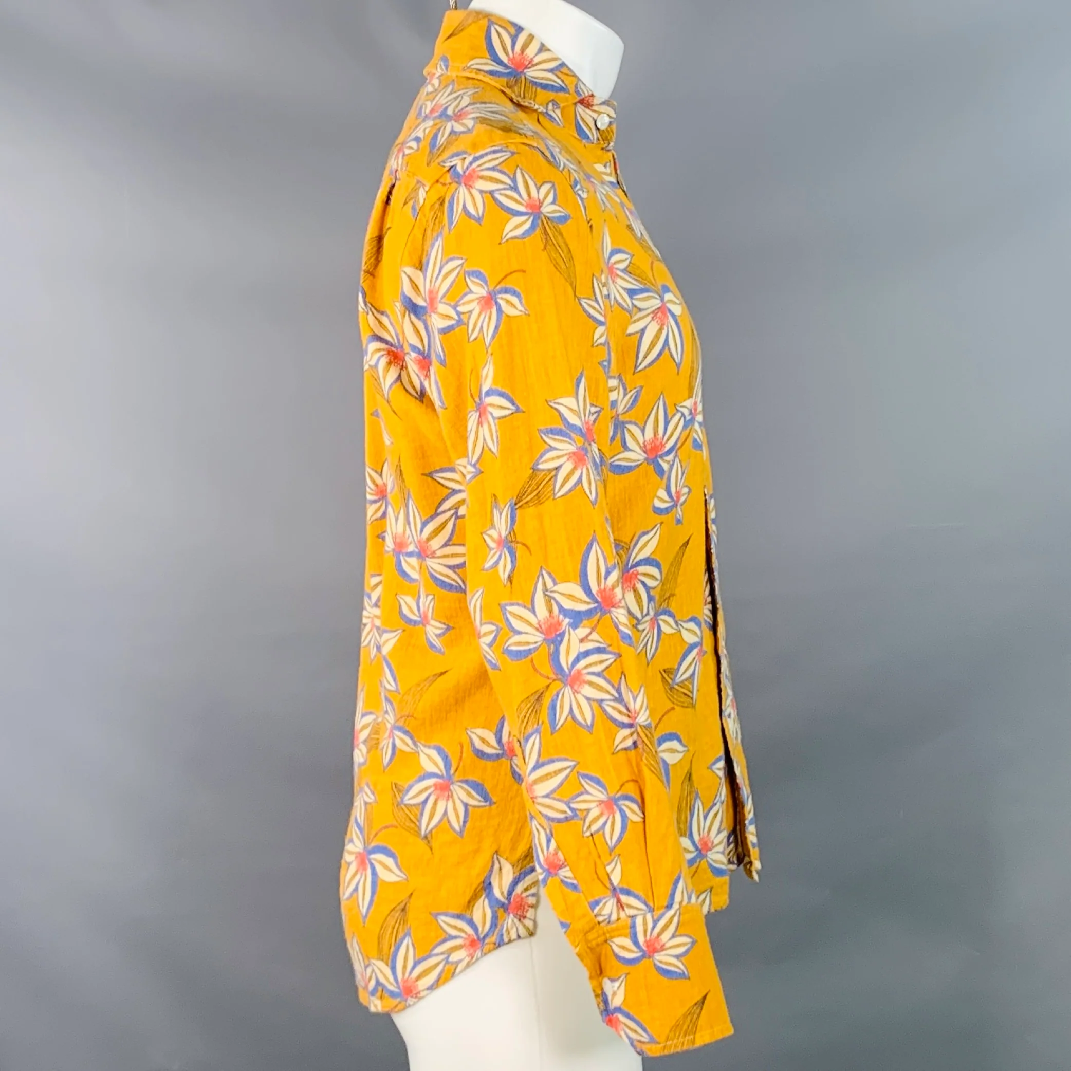 SEAPLANE Size XXS Yellow Red White Floral Cotton Spread Collar Long Sleeve Shirt - Image 3