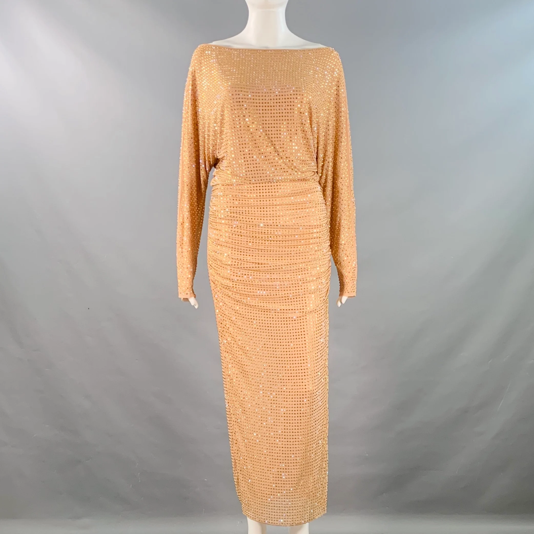 SELF-PORTRAIT Size 4 Beige Polyester Blend Rhinestones Long Cocktail Dress