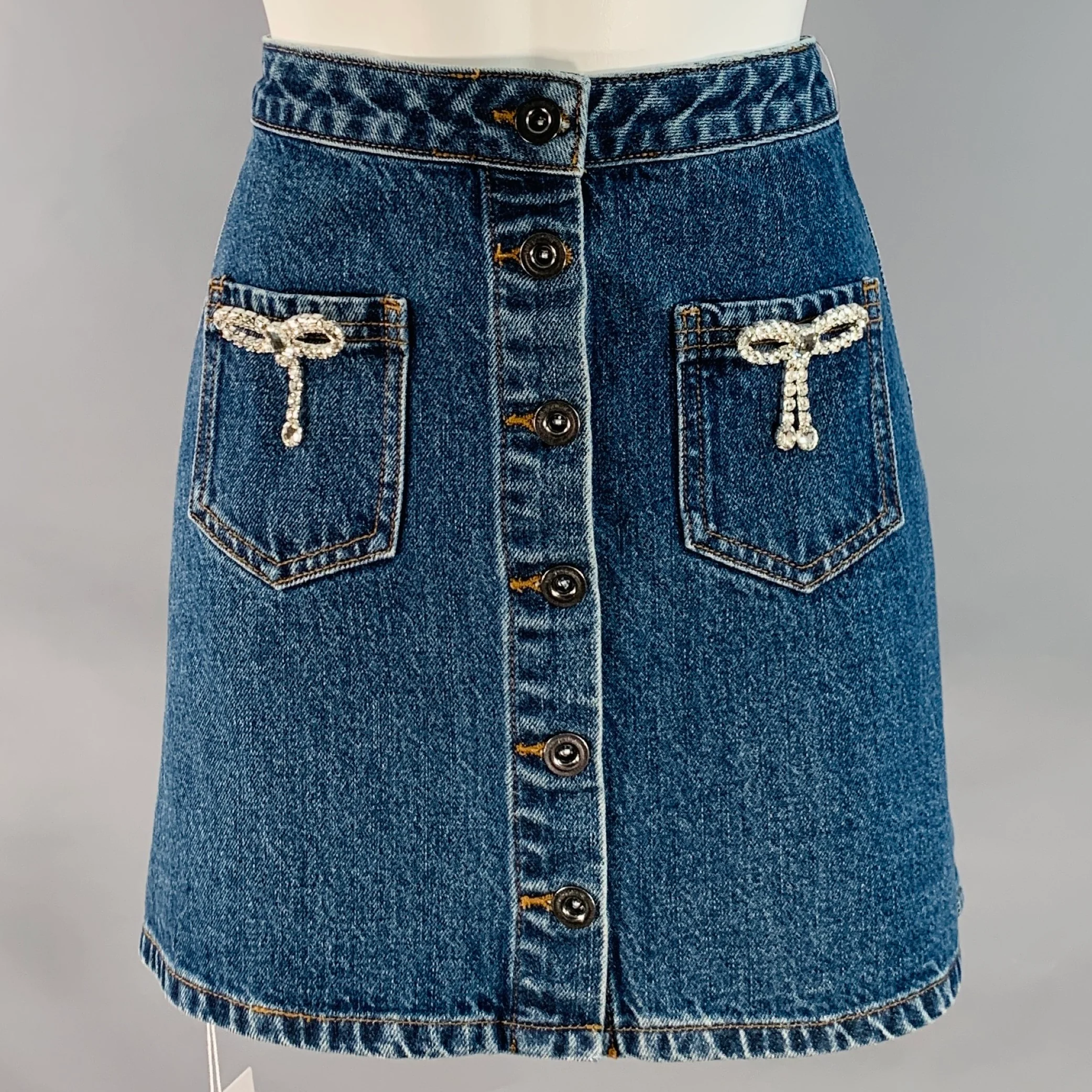 SELF-PORTRAIT Size 4 Diamante Bow Blue Cotton Rhinestones A-Line Mini Skirt