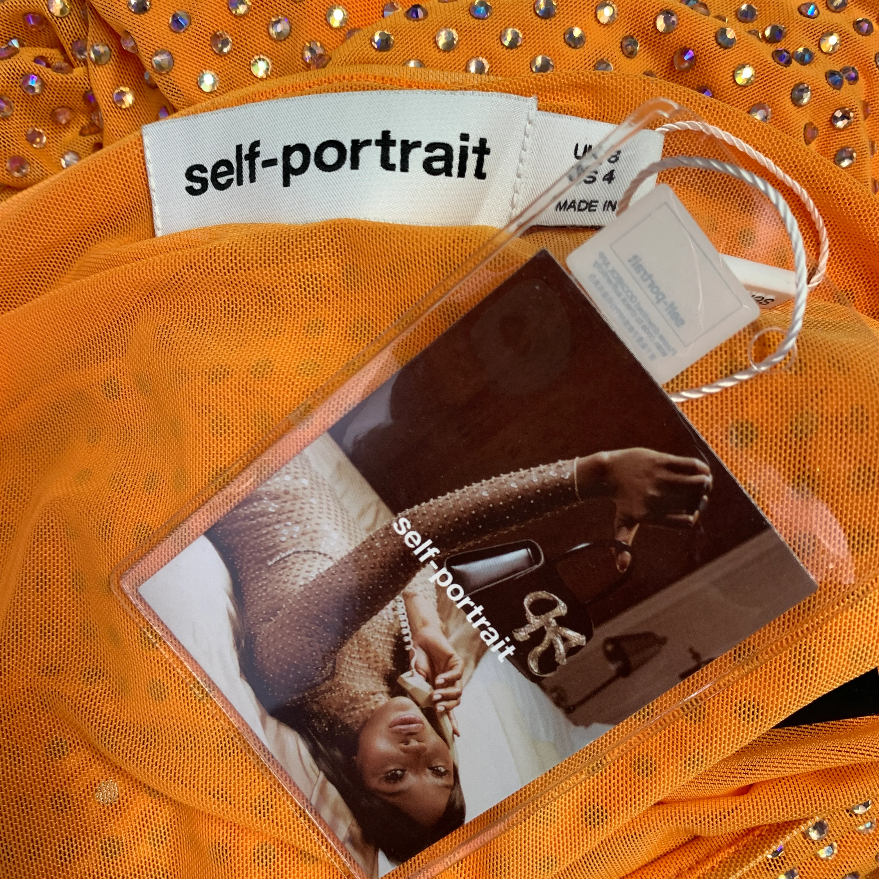SELF-PORTRAIT Size 4 Hotfix Orange Silver Mesh Rhinestones Elastic Waistband Skirt - Image 3