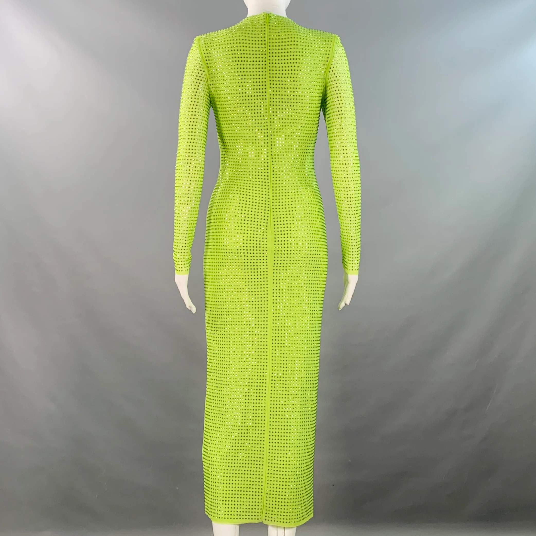 SELF-PORTRAIT Size 4 Neon Green Polyester Blend Rhinestones Long Cocktail Dress - Image 5