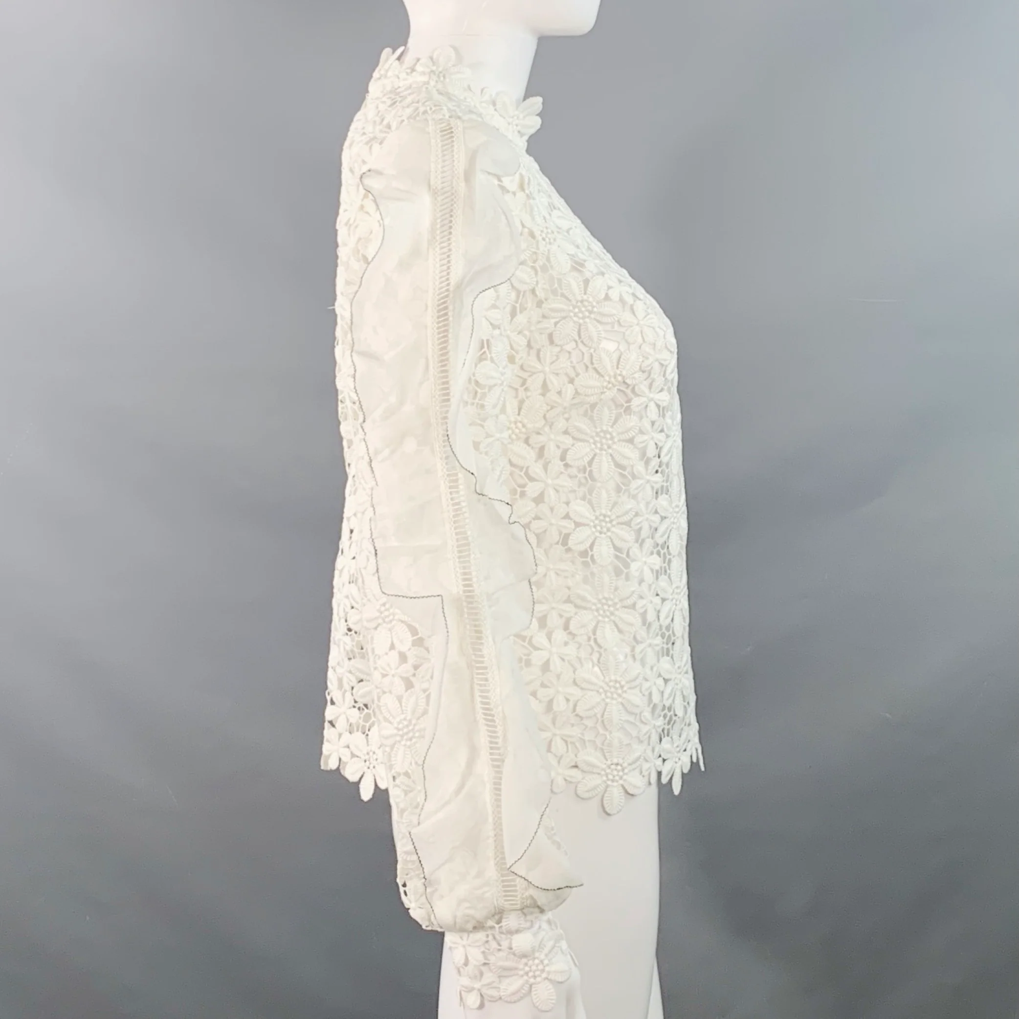 SELF-PORTRAIT Size 6 White Polyester Cotton Floral Crochet Ruffle Blouse - Image 3