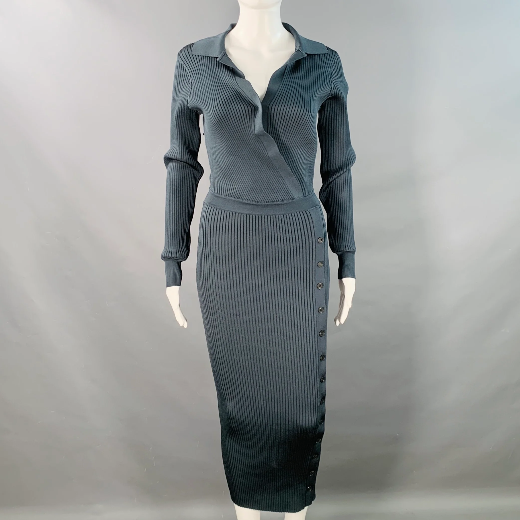 SELF-PORTRAIT Size S Dark Green Grey Viscose Blend Rib Knit Midi Shirt Dress