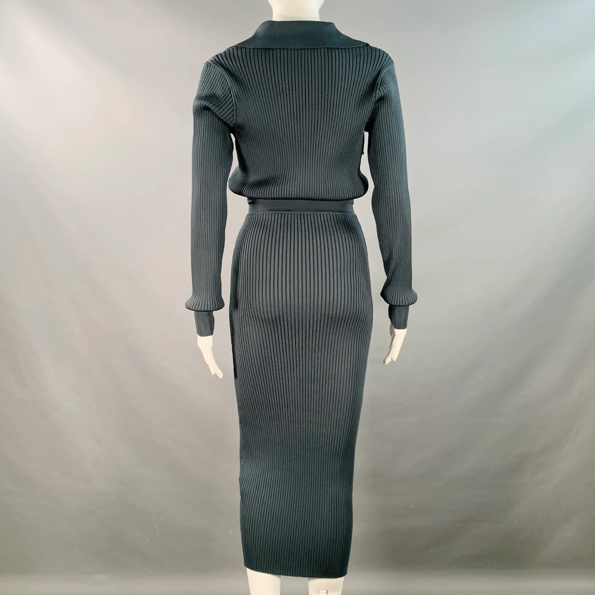 SELF-PORTRAIT Size S Dark Green Grey Viscose Blend Rib Knit Midi Shirt Dress - Image 4
