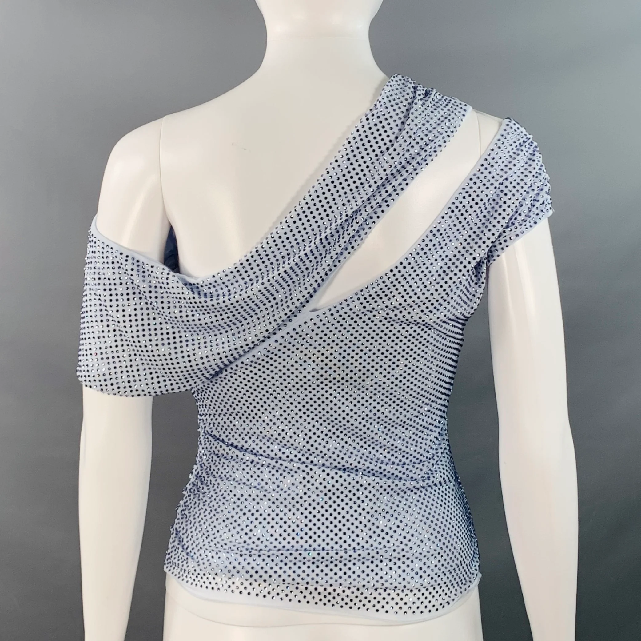 SELF-PORTRAIT SS25 Size 2 Pale Blue Polyester Blend Rhinestones Ruched Cutouts Dress Top - Image 3