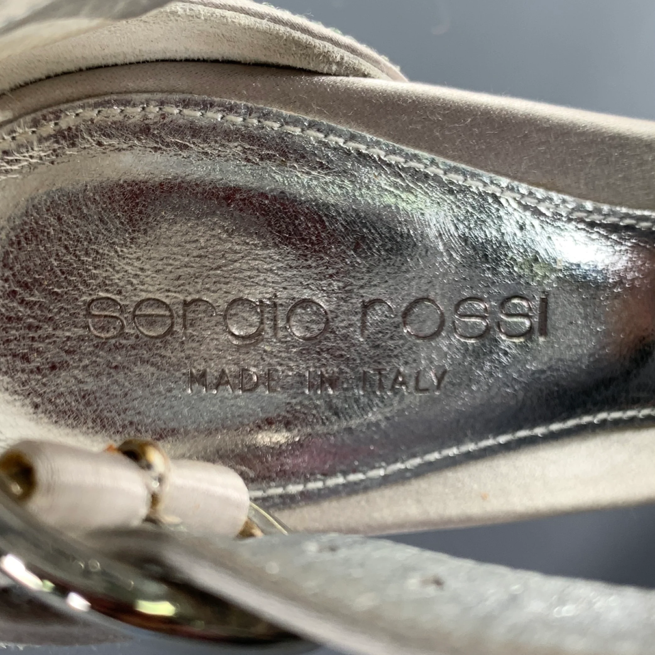 SERGIO ROSSI Size 5.5 Silver Grey Silk Ankle Strap Sandals - Image 7