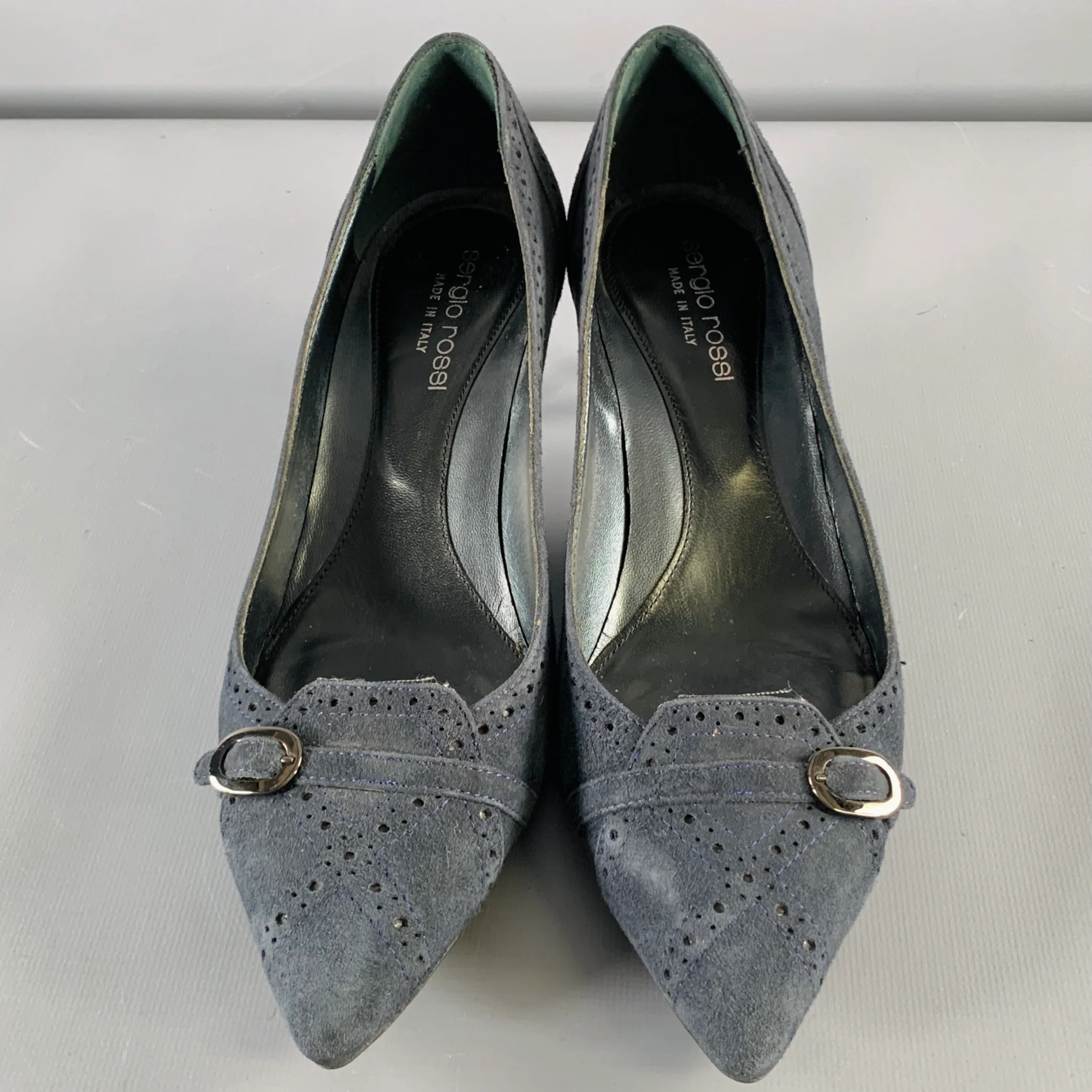 SERGIO ROSSI Size 6.5 Navy Suede Perforated Kitten Heel Pumps - Image 4