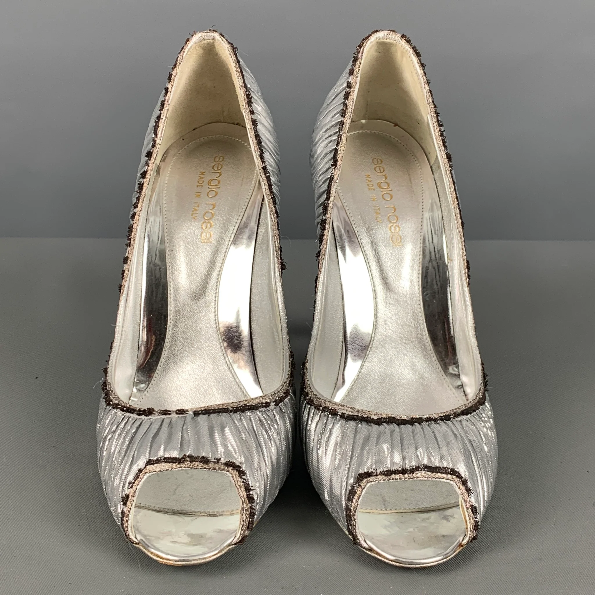 SERGIO ROSSI Size 7 Black Lame Metallic Peep Toe Pumps - Image 4