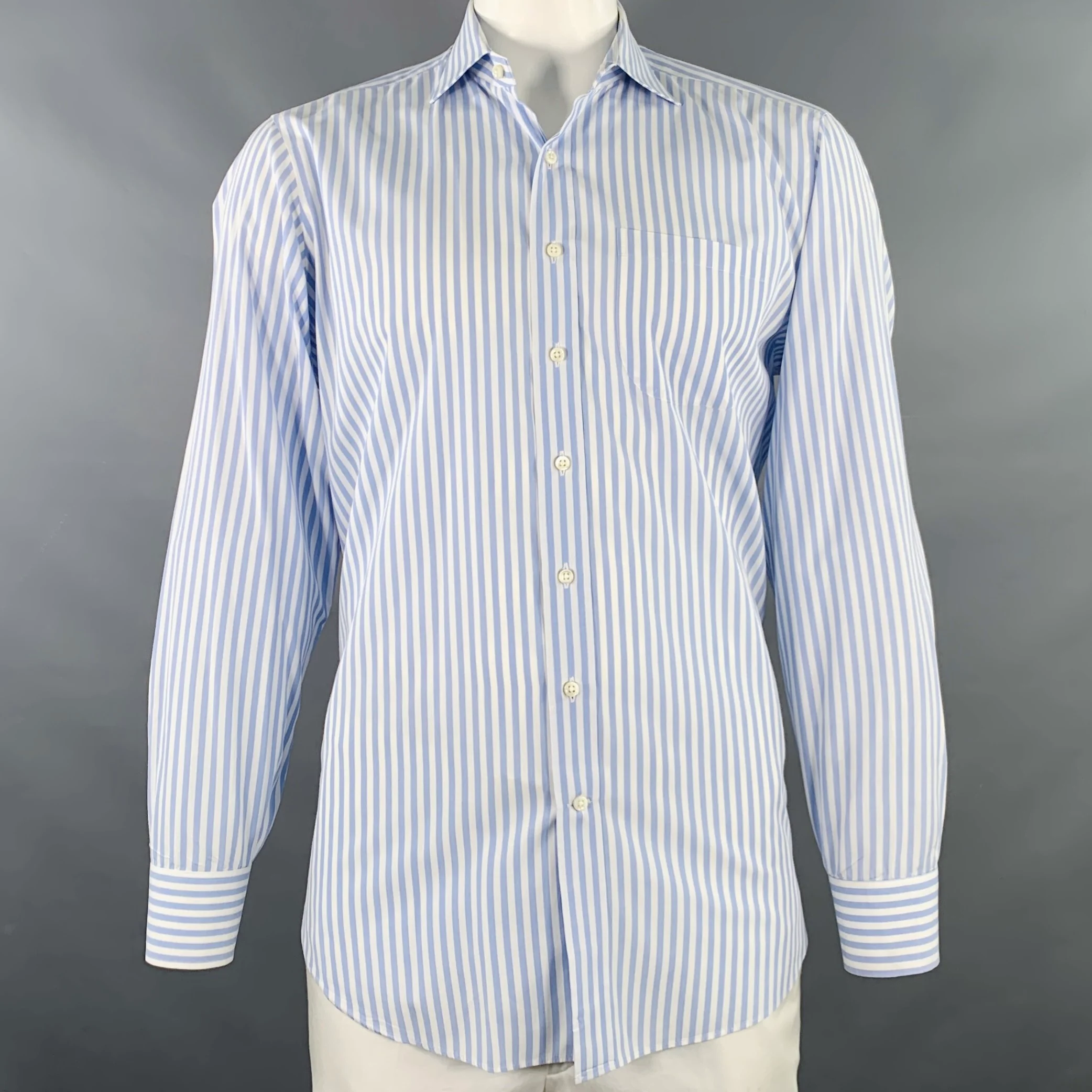 SID MASHBURN Size L Blue White Stripe Cotton One Pocket Long Sleeve Shirt