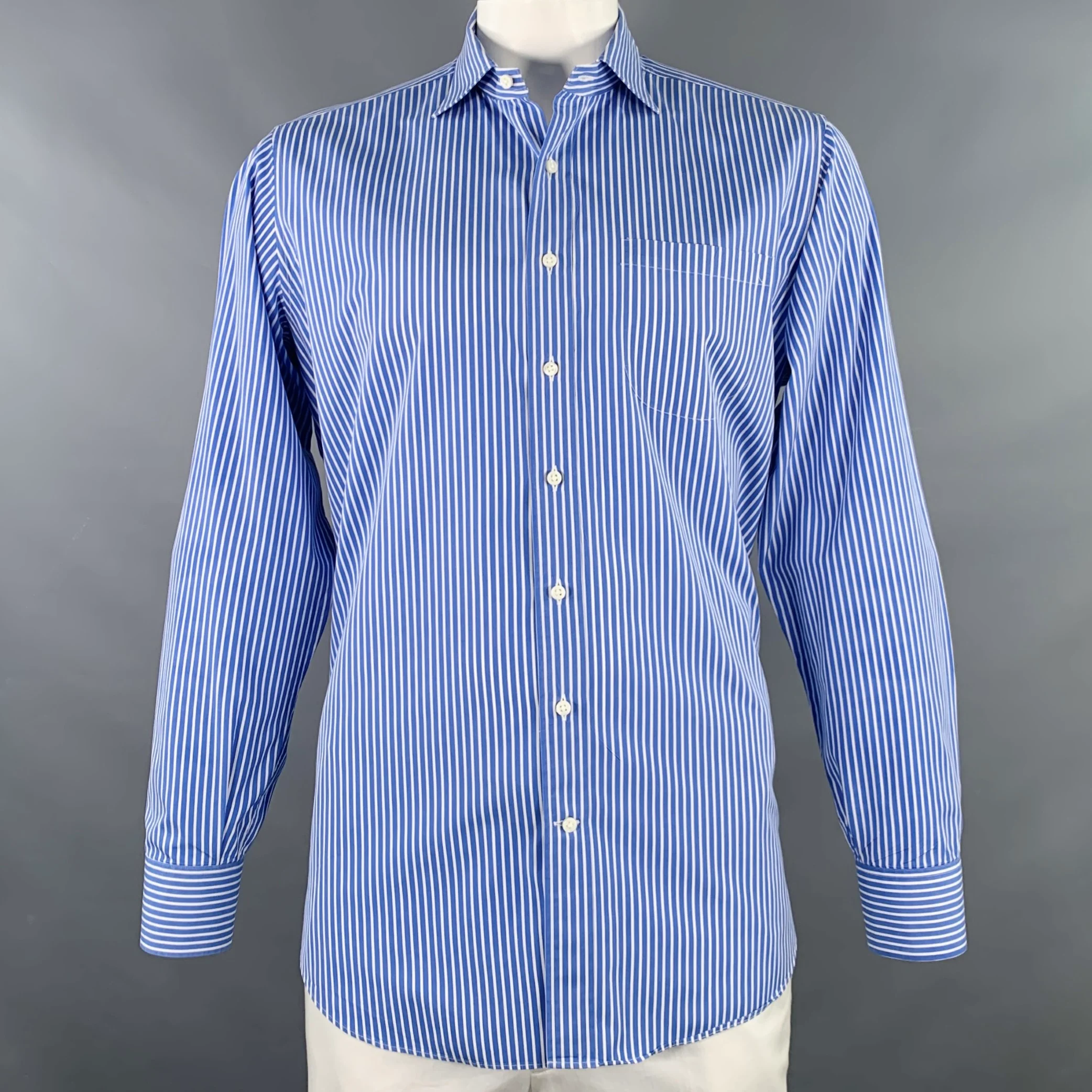 SID MASHBURN Size L Blue White Stripe Cotton One Pocket Long Sleeve Shirt