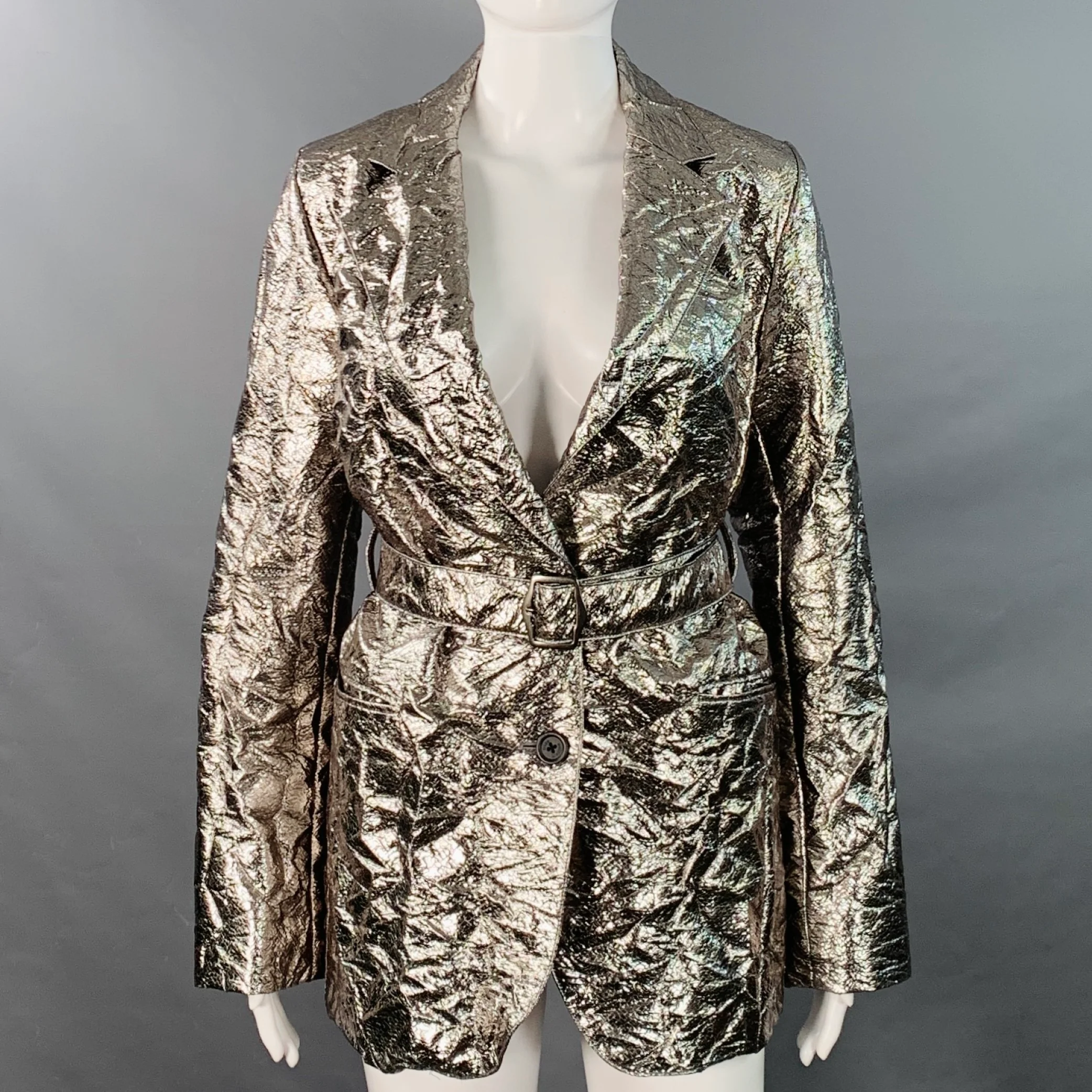SIES MARJAN Size 6 Metallic Silver Polyester Blend Notch Lapel Belted Jacket