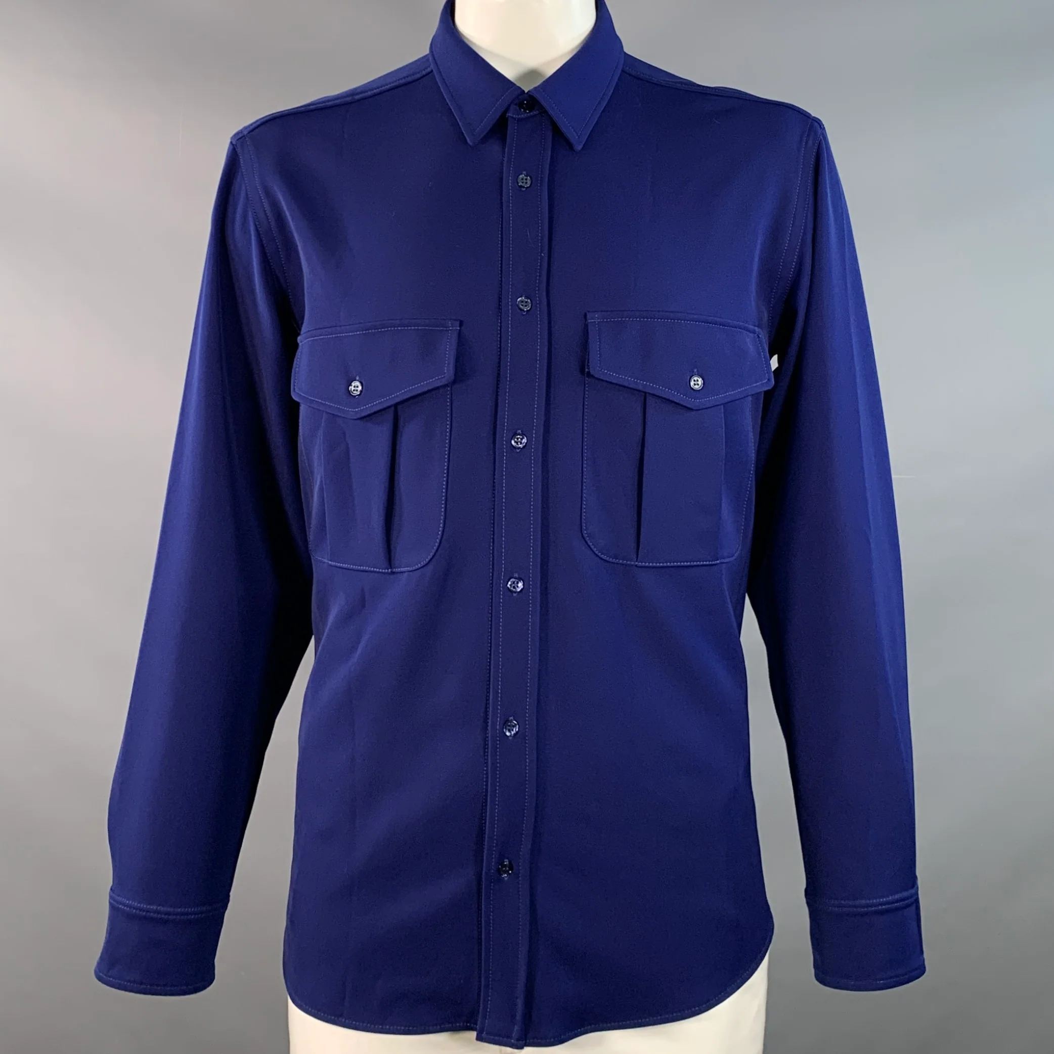SIES MARJAN Size XL Blue Polyester Twill Patch Pockets Long Sleeve Shirt