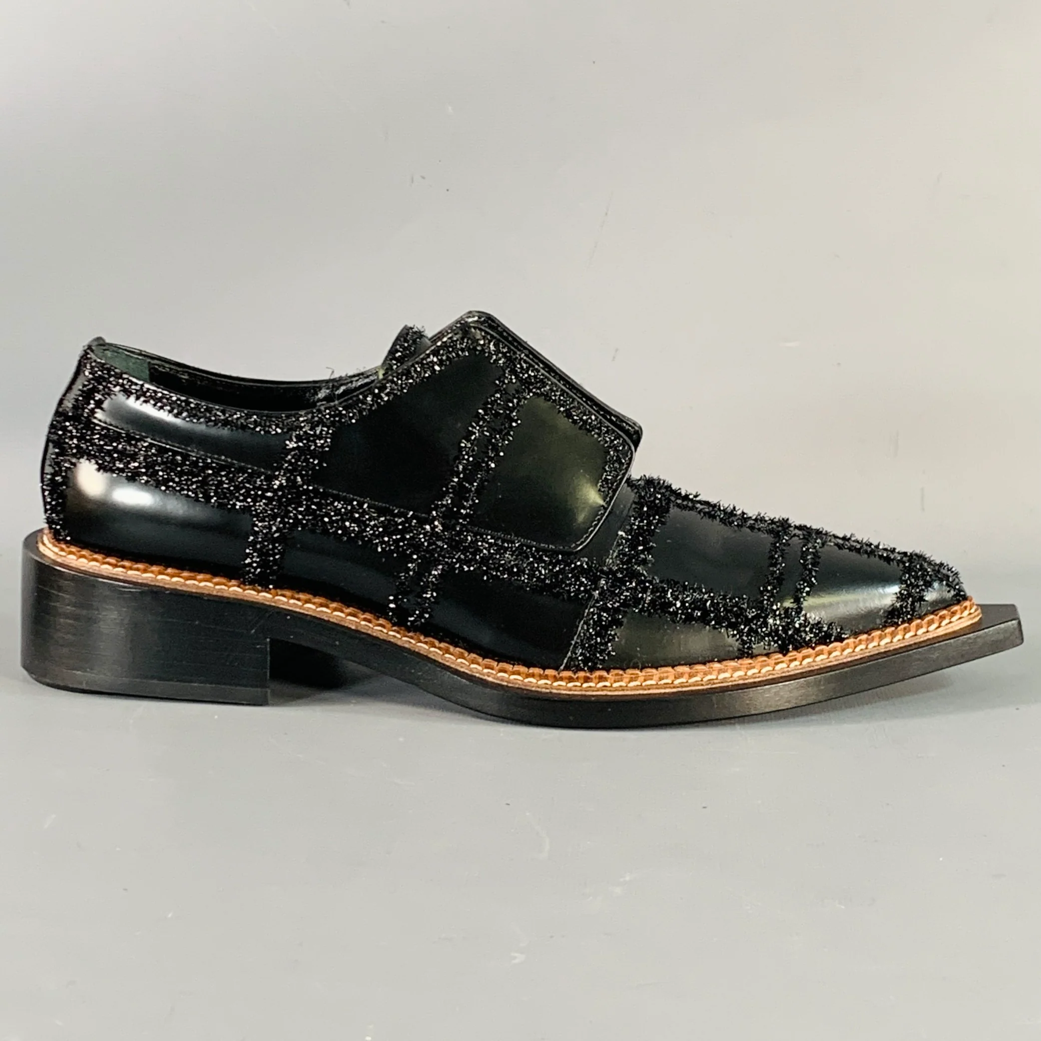 SIMONE ROCHA Size 8 Black Tinsel Embellishment Leather Slip On Loafers - Image 2