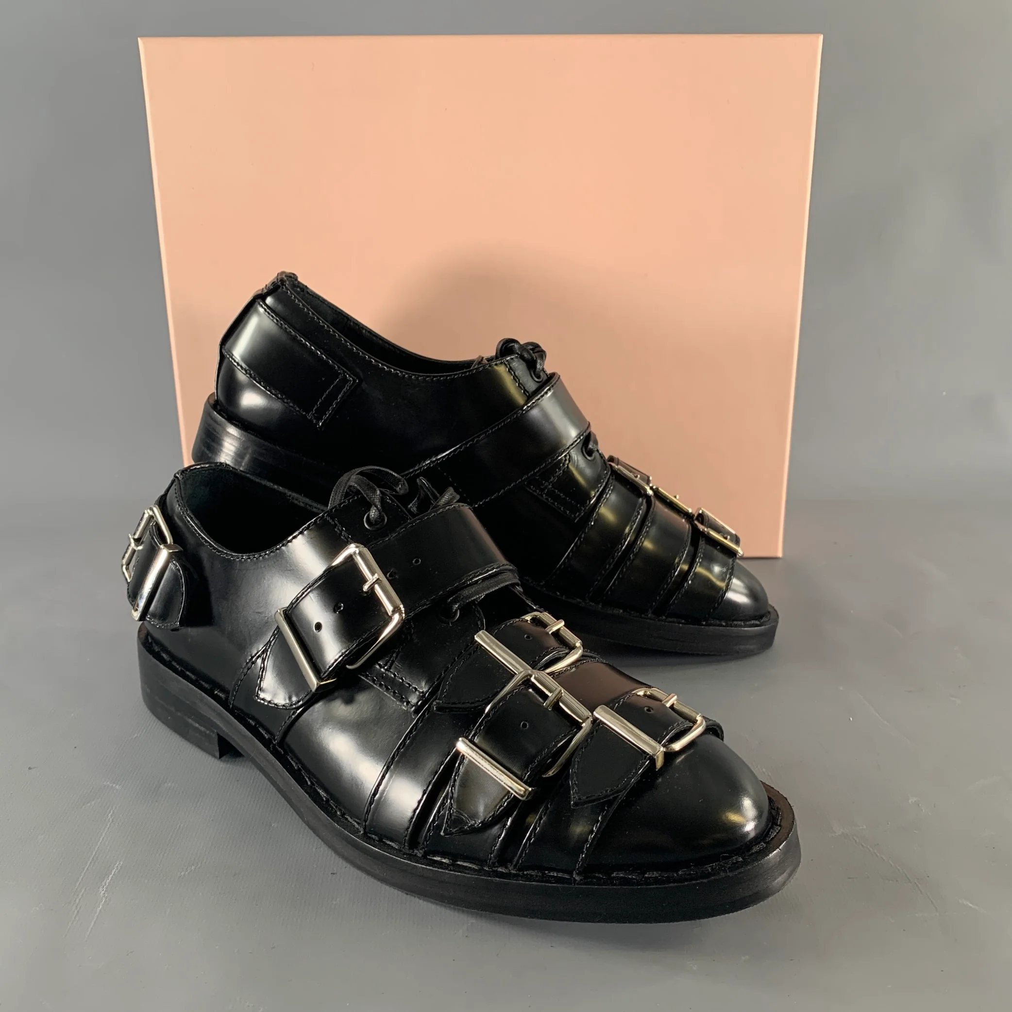 SIMONE ROCHA Size 9 Black Leather Belted Lace Up Shoes - Image 10