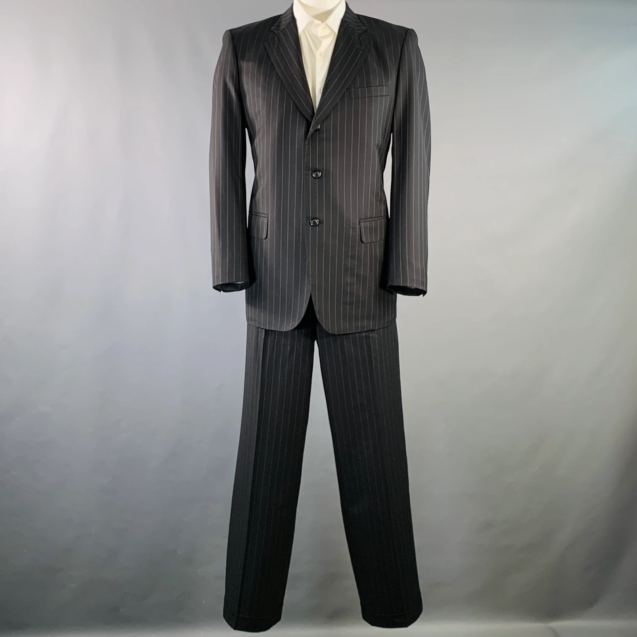 SIMPSON SIN TAILOR Size 42 Long Black White Pinstripe Wool Silk Suit - Image 2