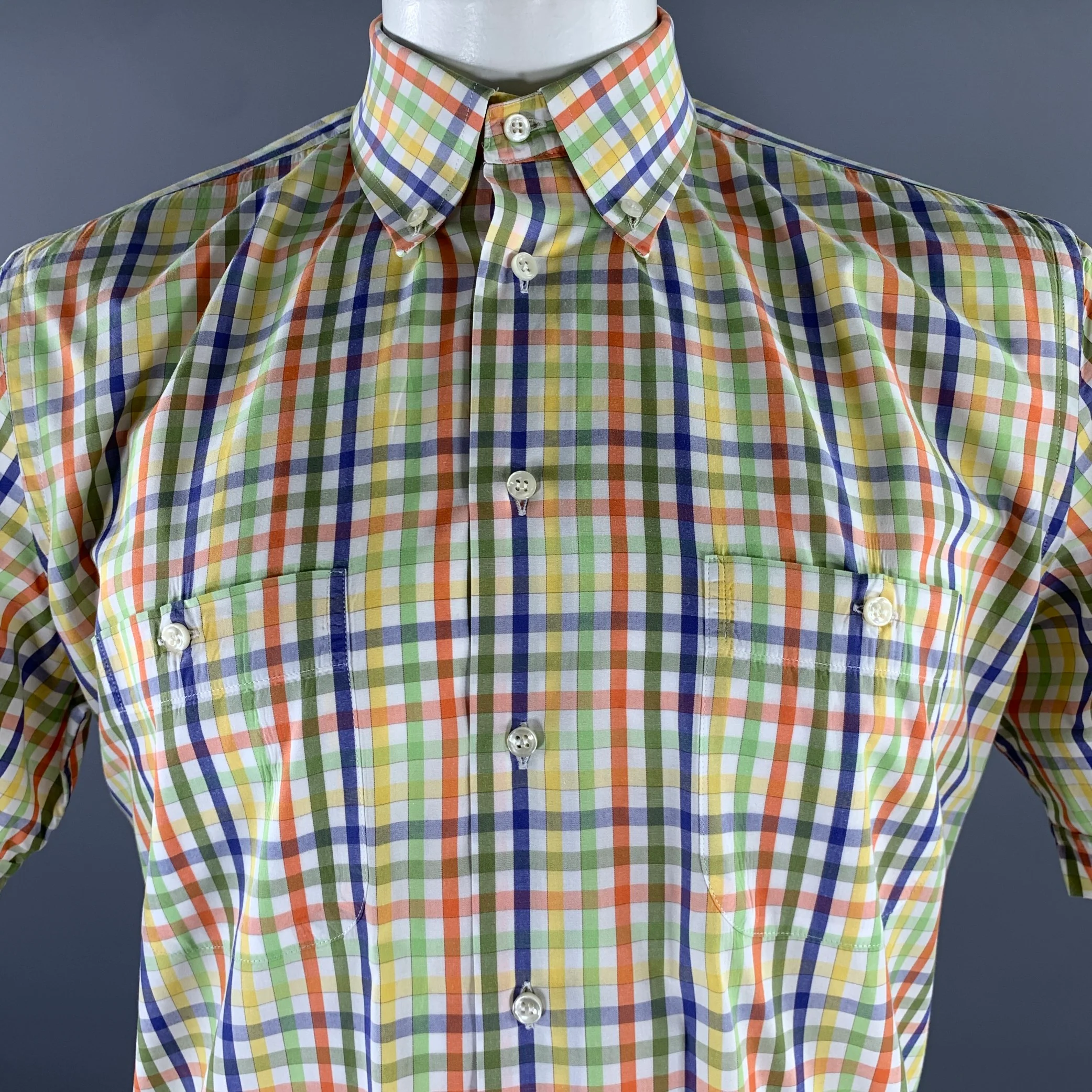 SINICO VERONA Size XL White Multi-Color Gingham Button Down Short Sleeve Shirt - Image 2