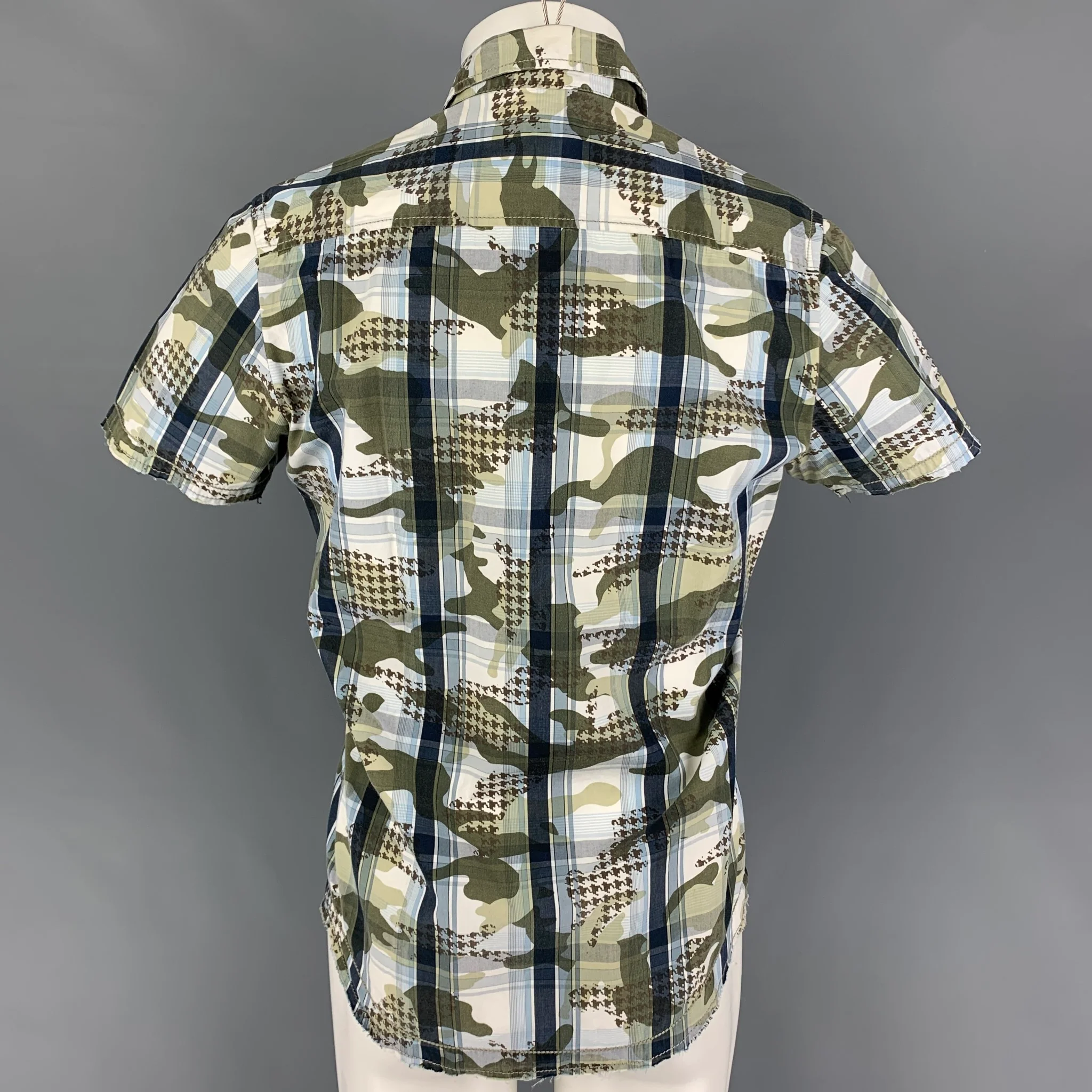 SIXTY Size M Olive Navy Plaid Cotton Button Up Short Sleeve Shirt - Image 3