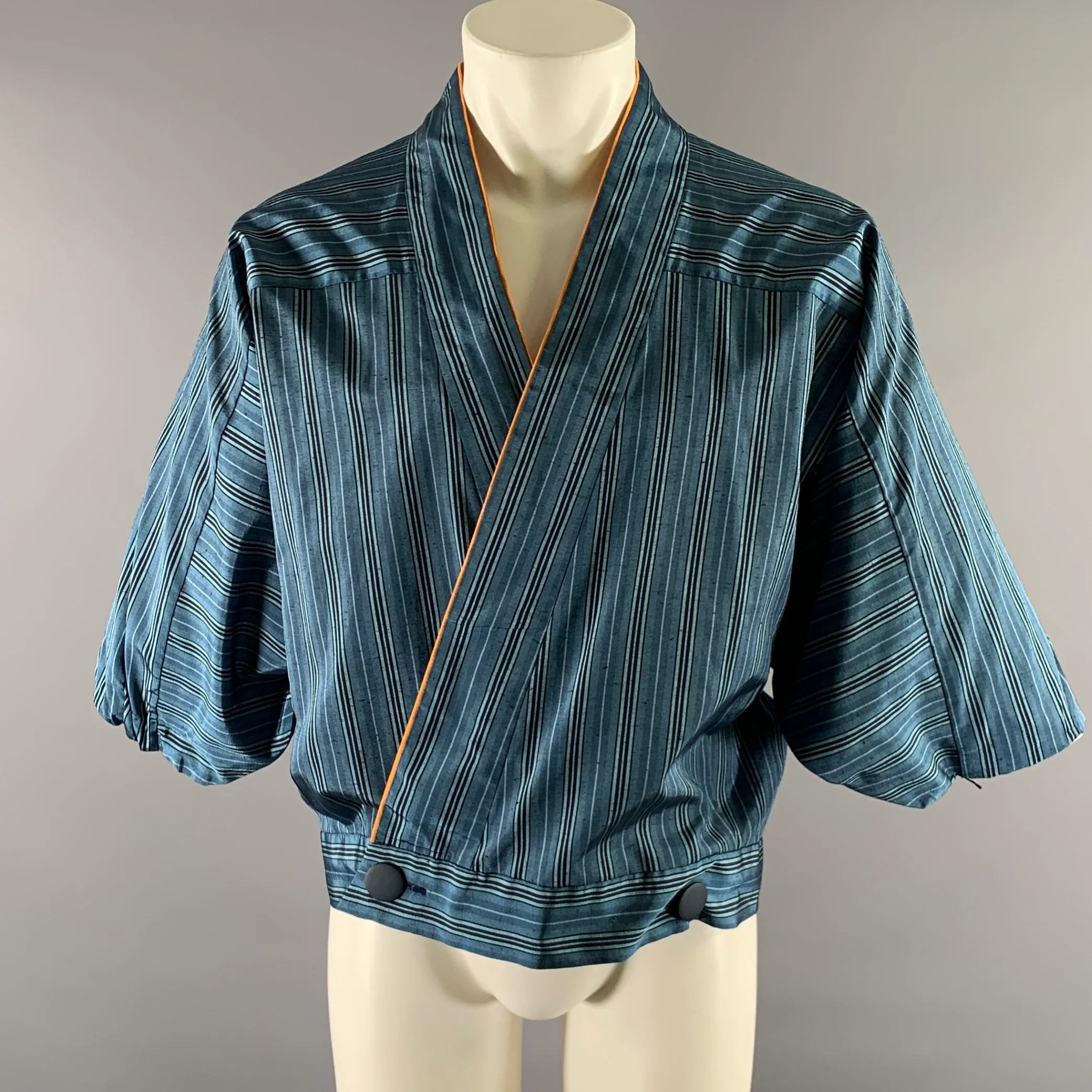 Size L Blue Orange Stripe Polyester Blend Shawl Collar Shirt