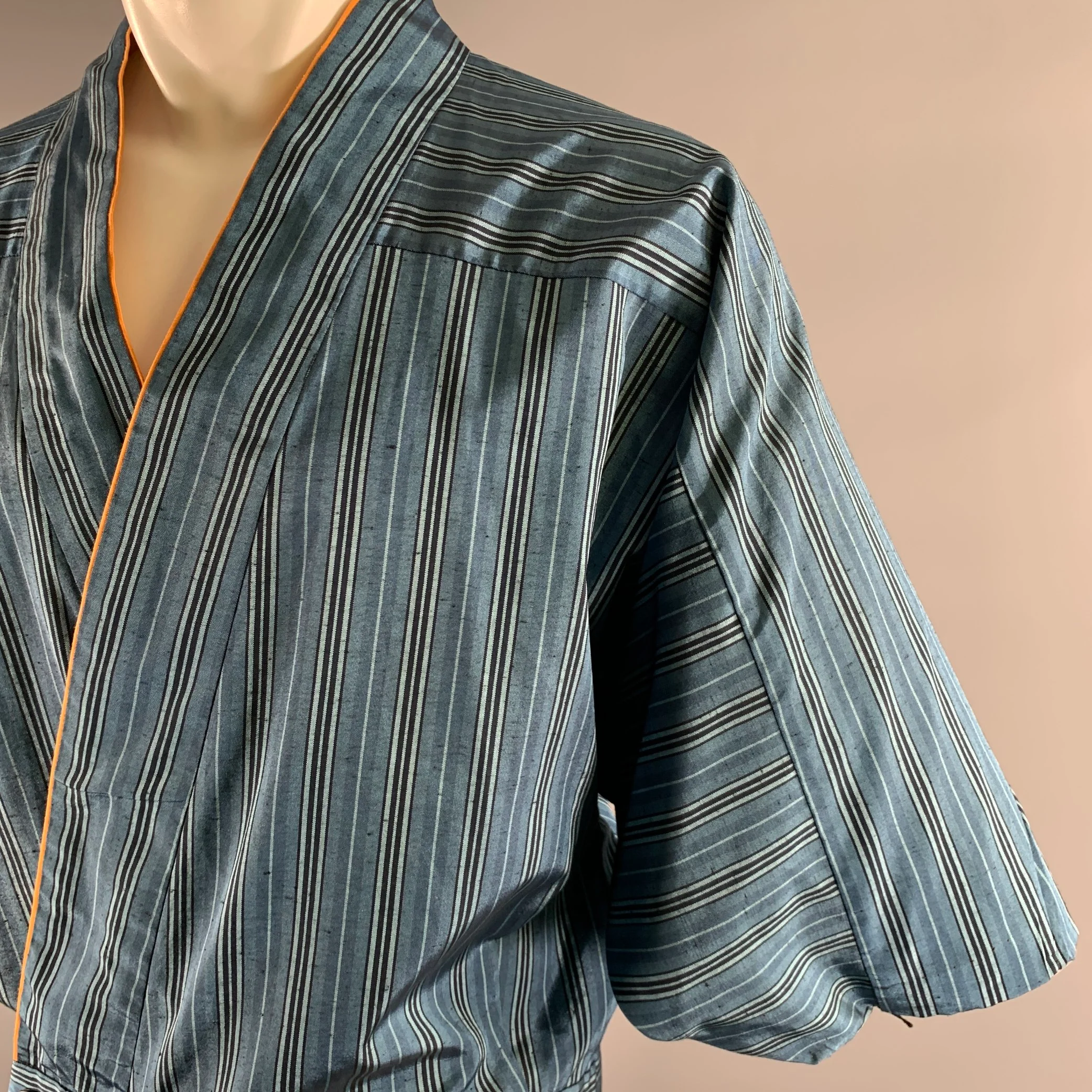 Size L Blue Orange Stripe Polyester Blend Shawl Collar Shirt - Image 2