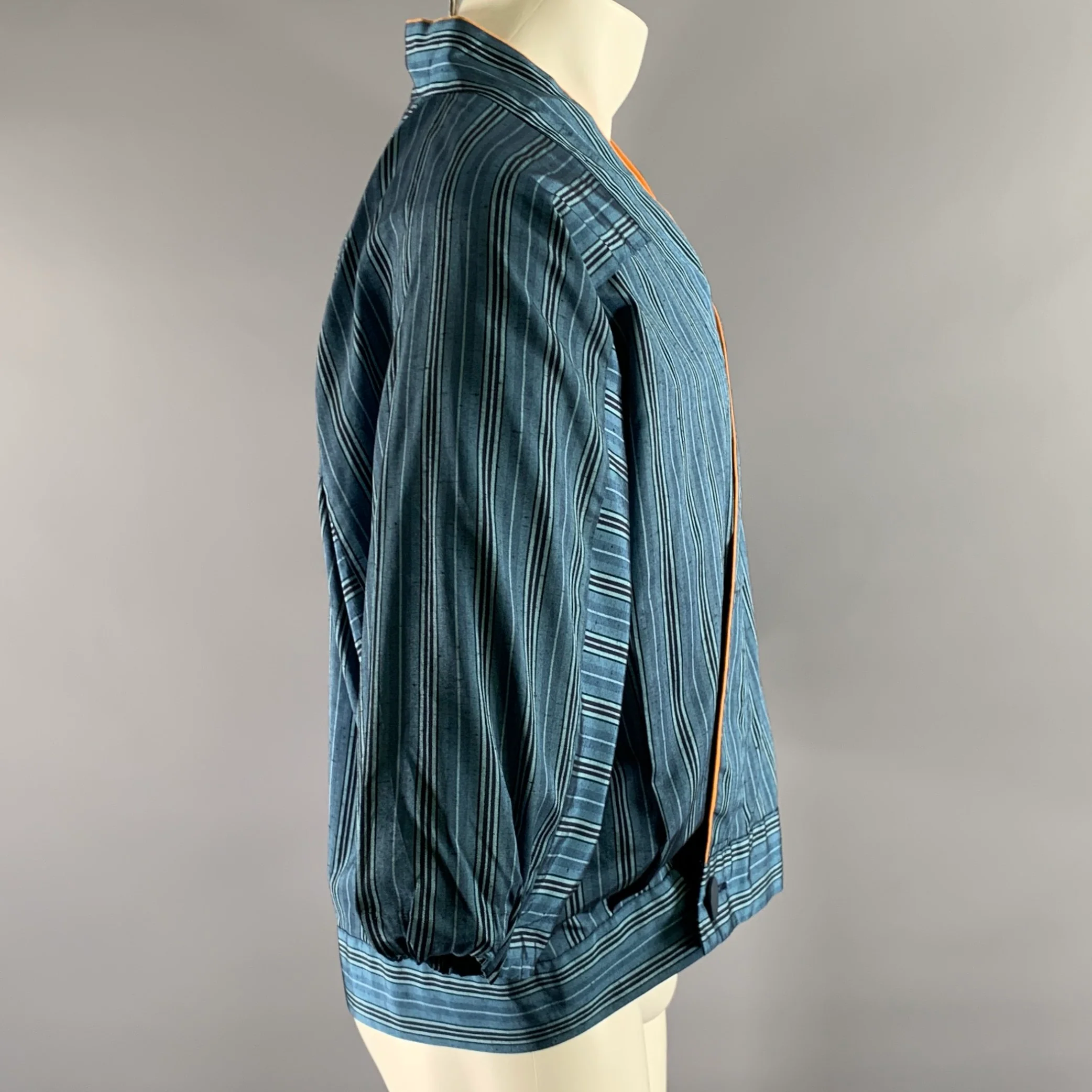 Size L Blue Orange Stripe Polyester Blend Shawl Collar Shirt - Image 3