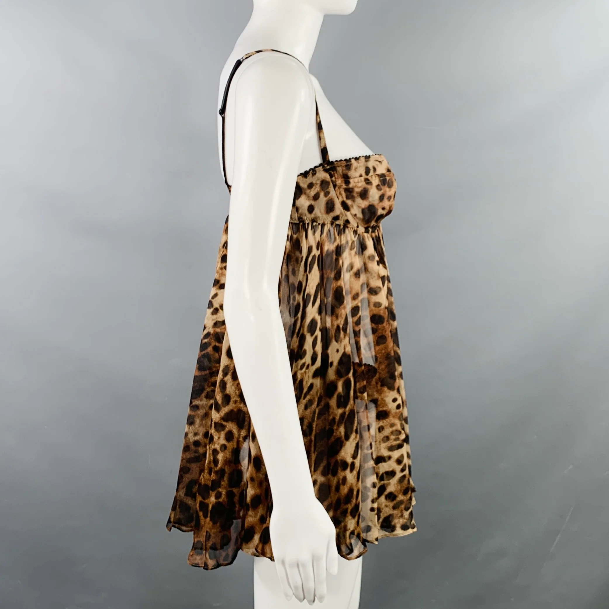SKIMS DOLCE GABBANA Size S Brown Beige Silk Animal Print Babydoll Lingerie Set - Image 3
