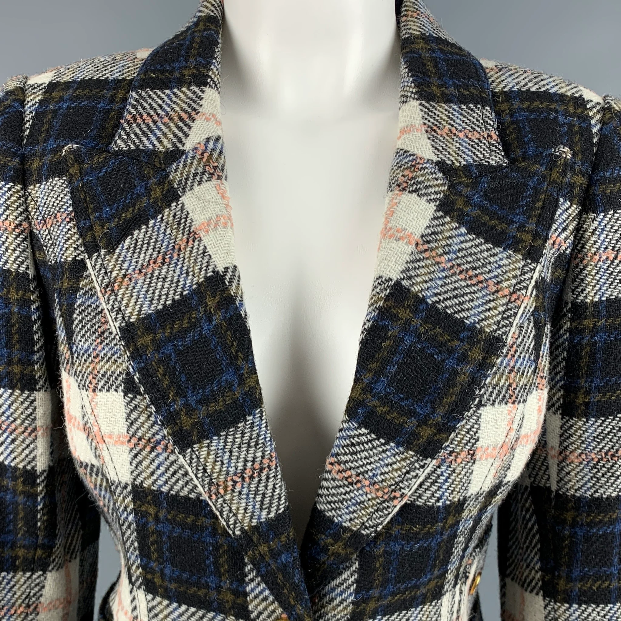 SMYTHE Size 8 Cream Black Wool Plaid Single Button Jacket - Image 2