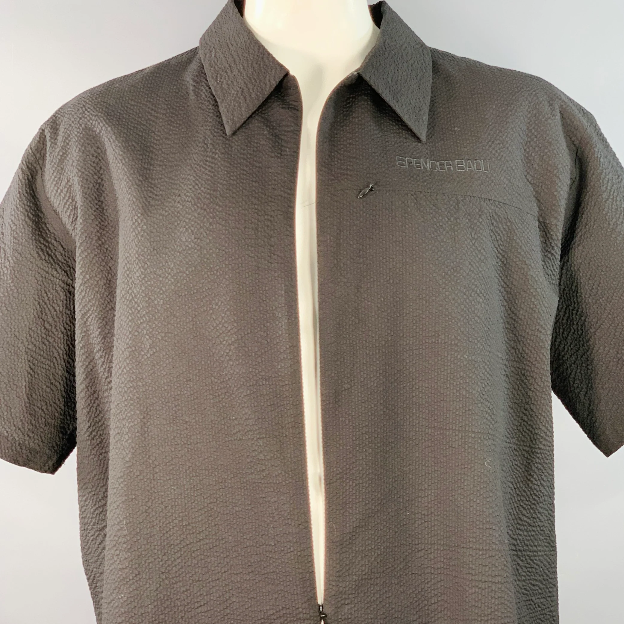 SPENCER BADU Size L Black Seersucker Cotton Oversized Zip Up Short Sleeve Shirt - Image 2