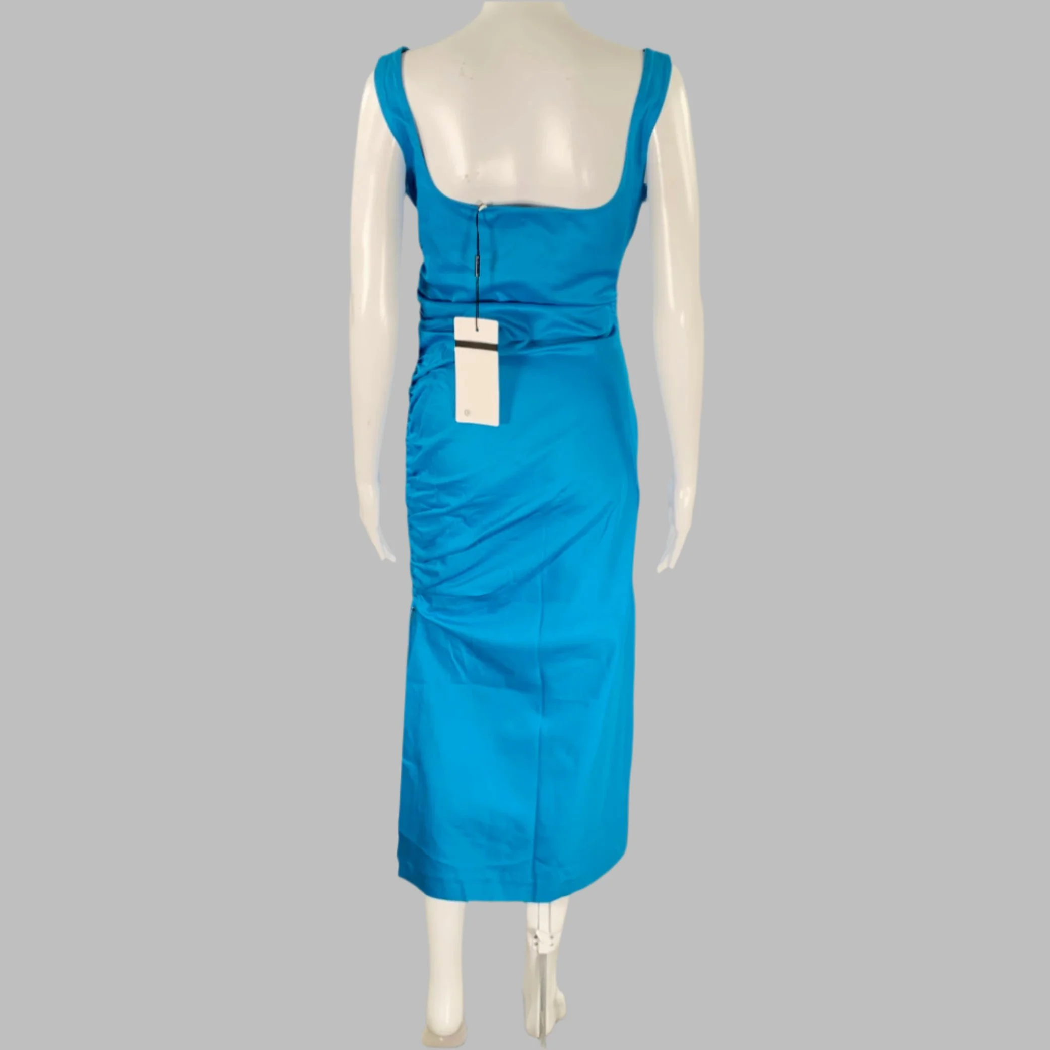 SPORTMAX Size 6 Blue Cotton Blend Ruched Sleeveless Dress - Image 3