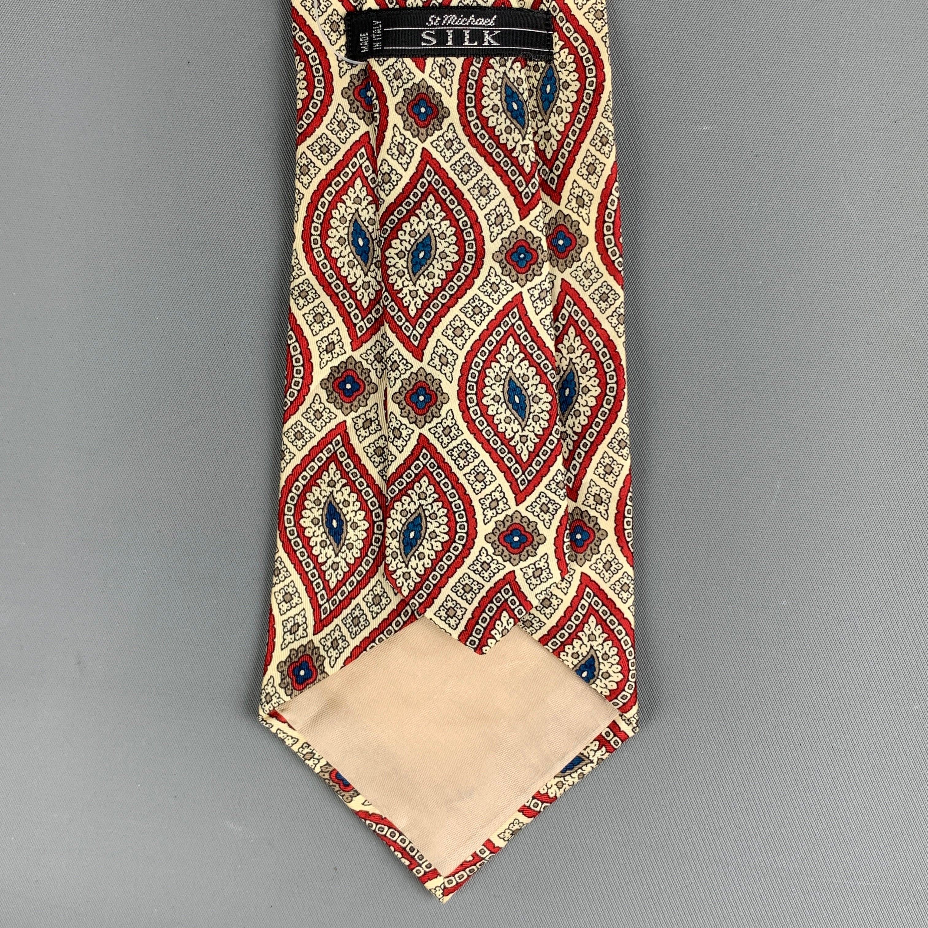 ST MICHAEL Cream Red Print Silk Tie - Image 4