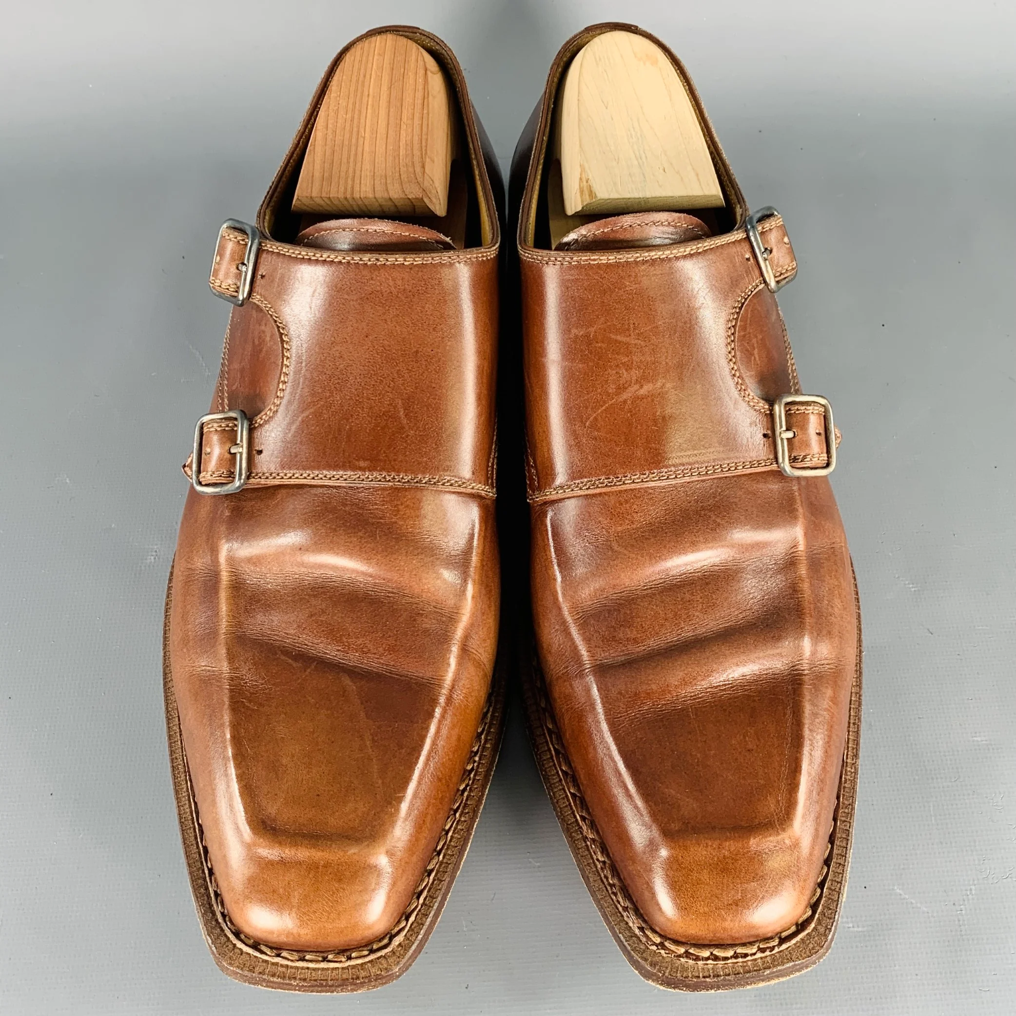 STEFANOBI Size 10 Brown Leather Double Monk Strap Loafers - Image 4