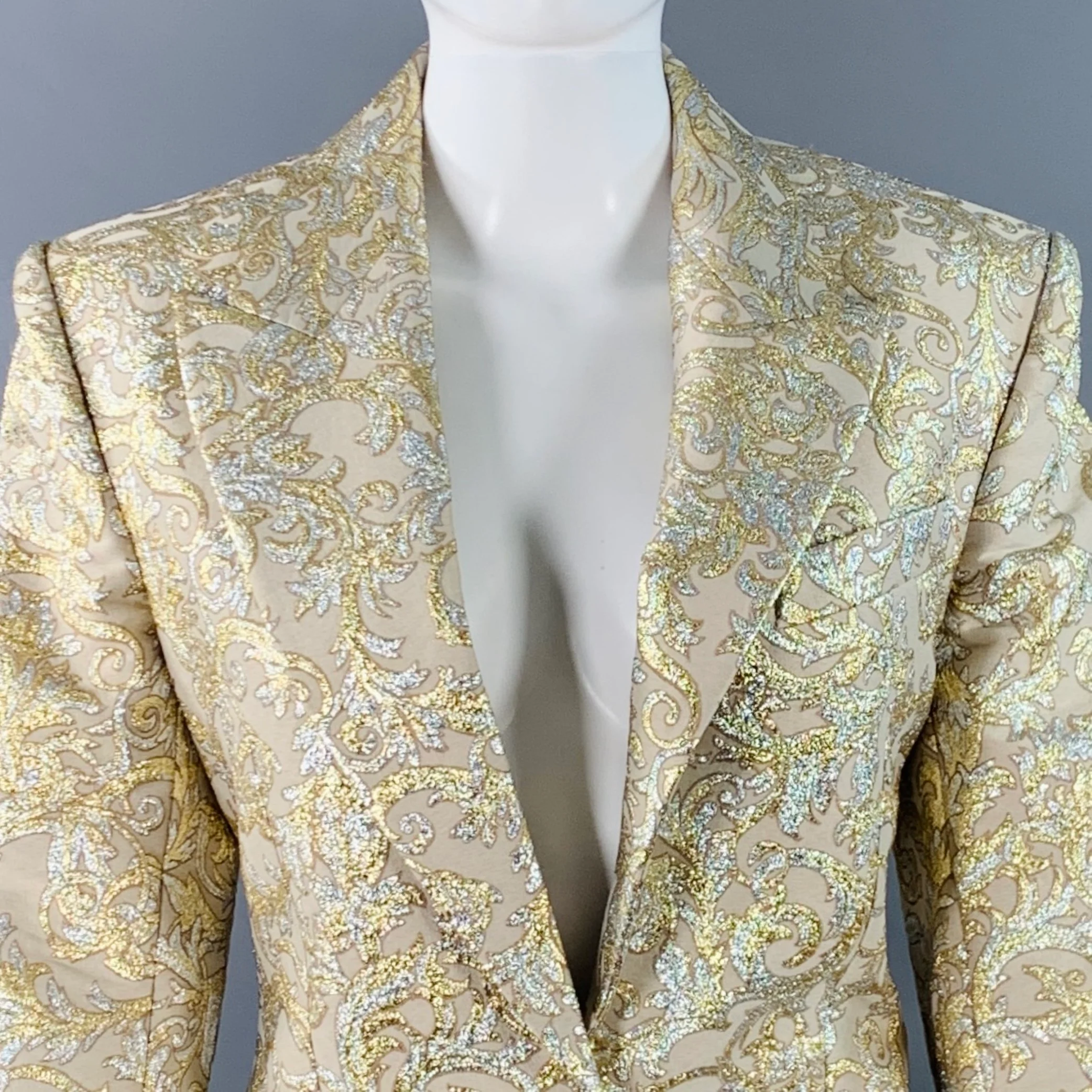 STELLA McCARTNEY Size 2 Metallic Gold Silver Polyamide Blend Jacquard Peak Lapel Pantsuit - Image 2